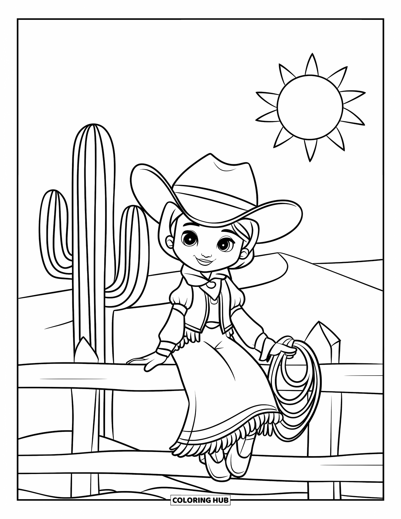 Desen de colorat Vest pentru copii: O cowgirl drăguță se relaxează pe un gard lângă un cactus mare și soarele strălucitor