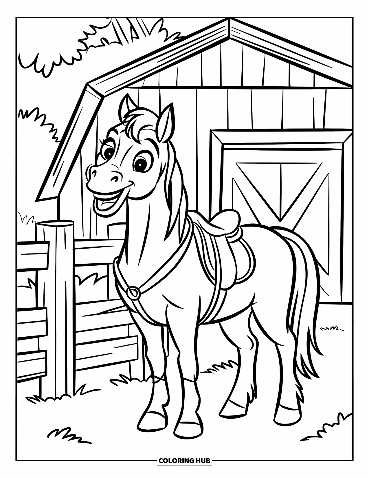 Desen de colorat Vest pentru copii: Un cal prietenos cu o șa zâmbește lângă un hambar și un gard