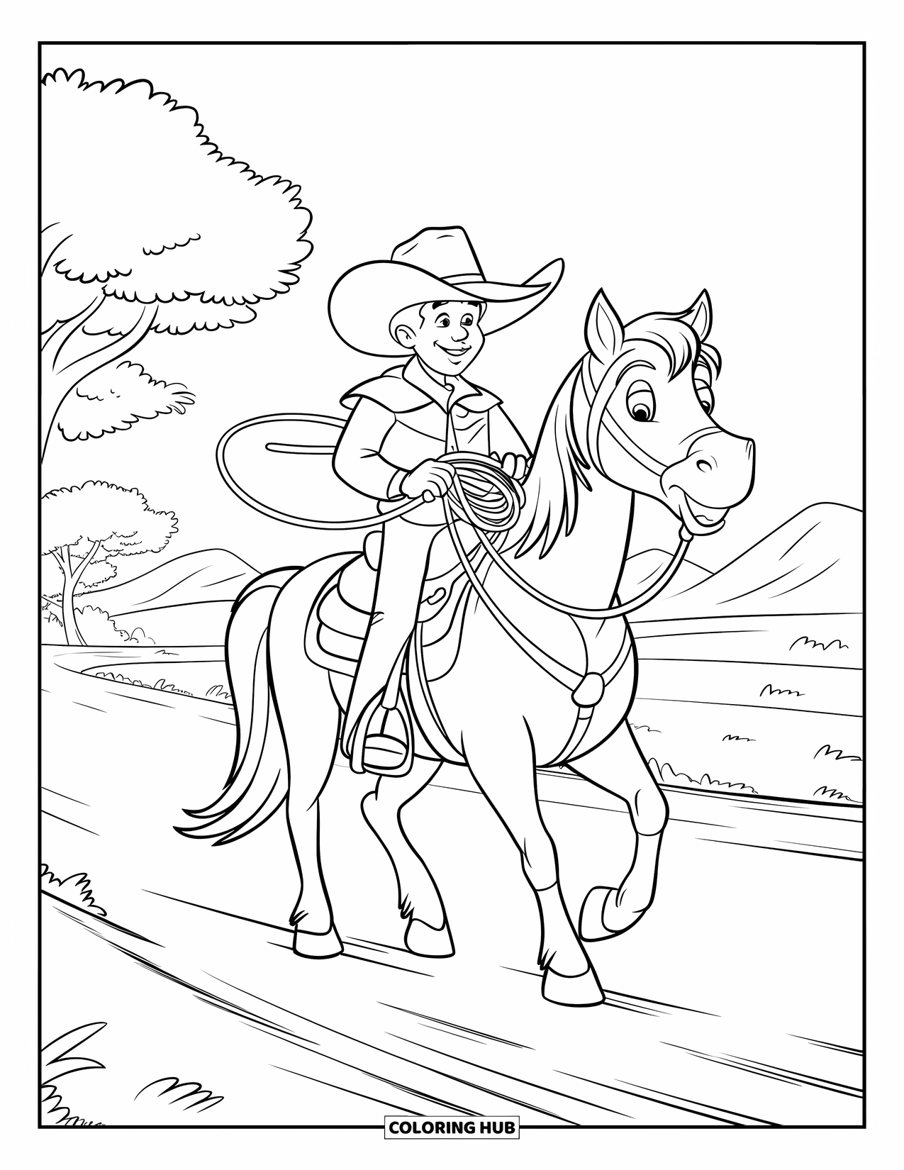 Desen de colorat Vest pentru copii: Un cowboy fericit călărește pe un drum de pământ cu lasoul în mână
