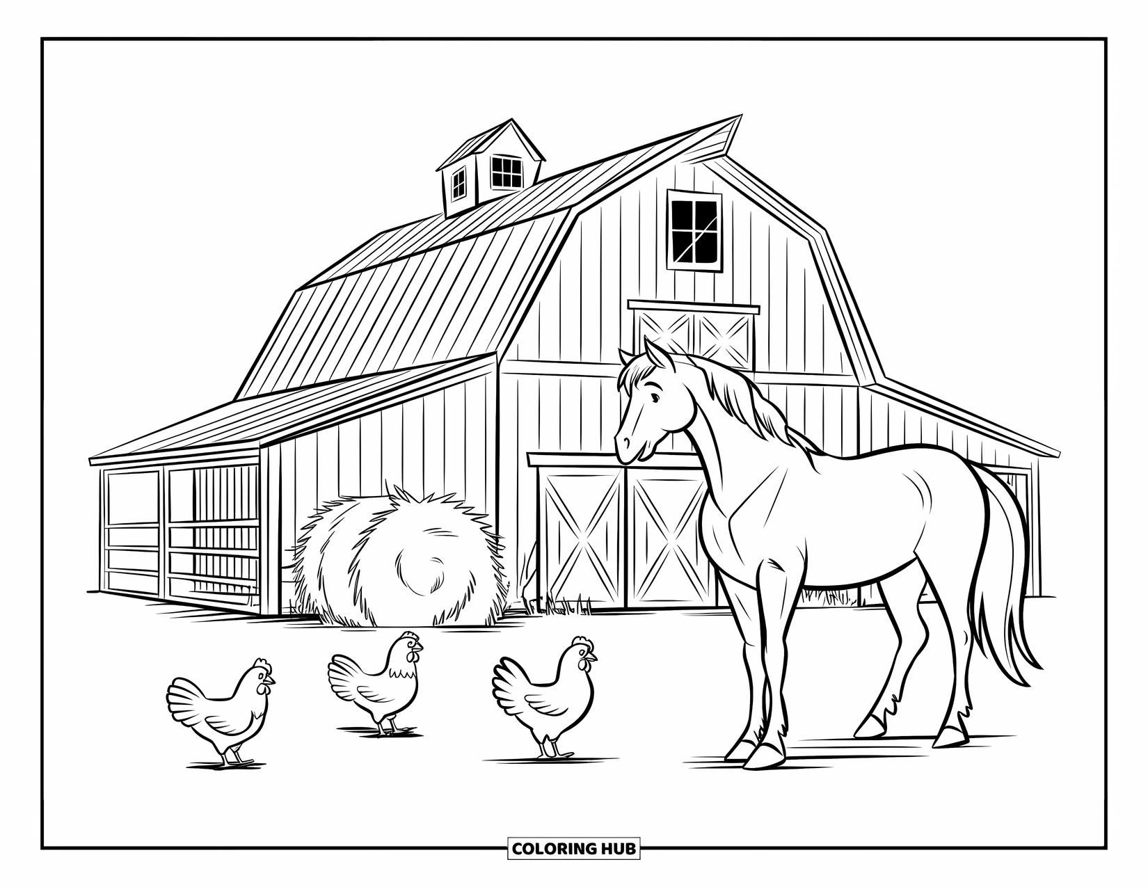 Desen de colorat Vest pentru copii: Un hambar mare cu un cal și găini se află într-o câmpie deschisă