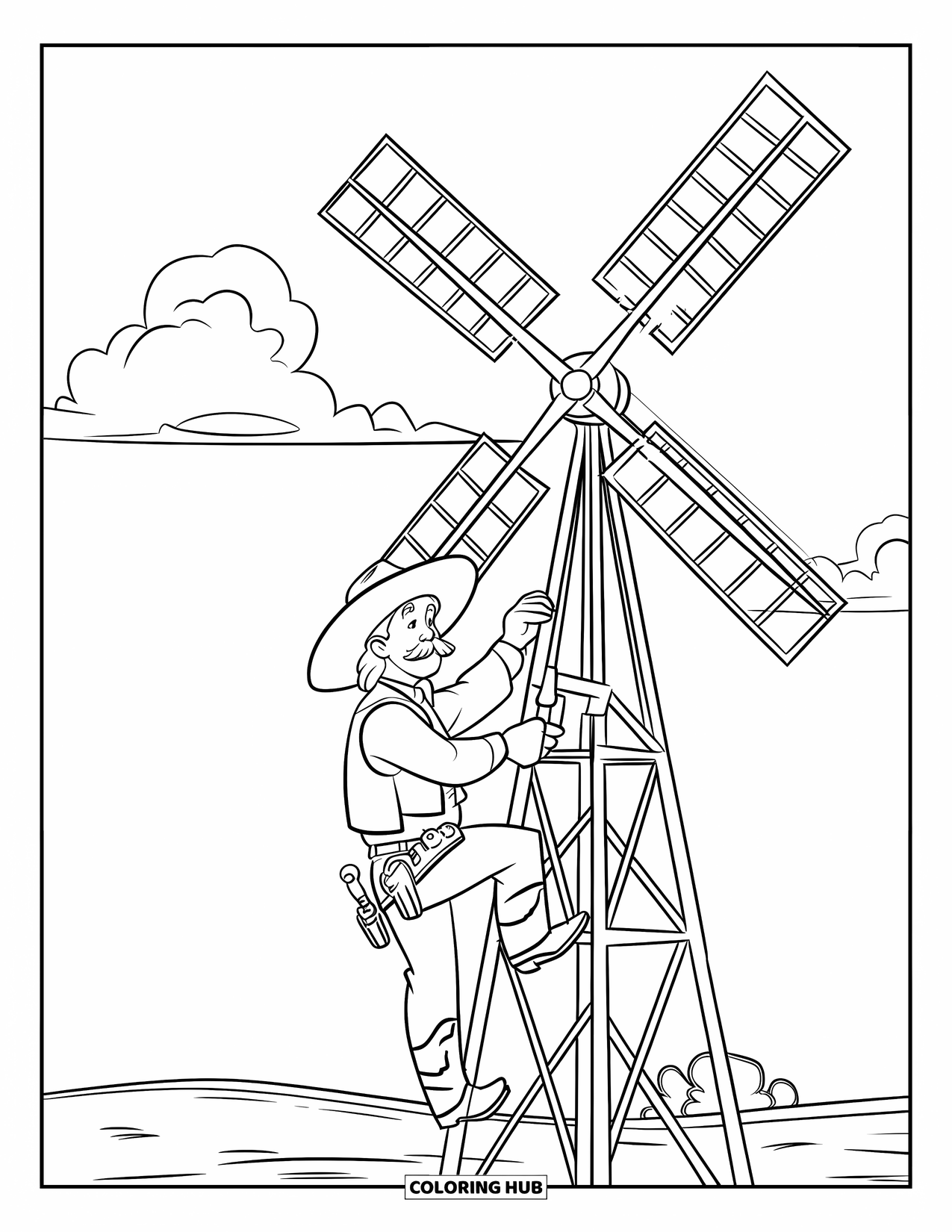 Desen de colorat Vest pentru copii: Un cowboy cu mustață lucrează la o moară de vânt sub un cer parțial noros