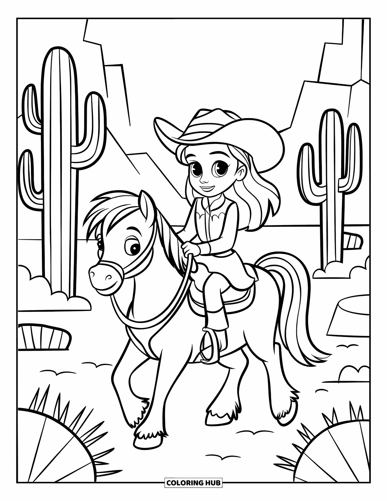 Desen de colorat Vest pentru copii: Un ponei trotează prin deșert în timp ce o cowgirl veselă călărește