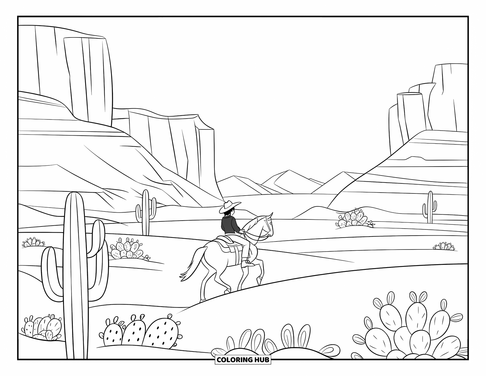 Desen de colorat Vest pentru copii: Un călăreț galopează prin deșert pe lângă cactuși și munți îndepărtați