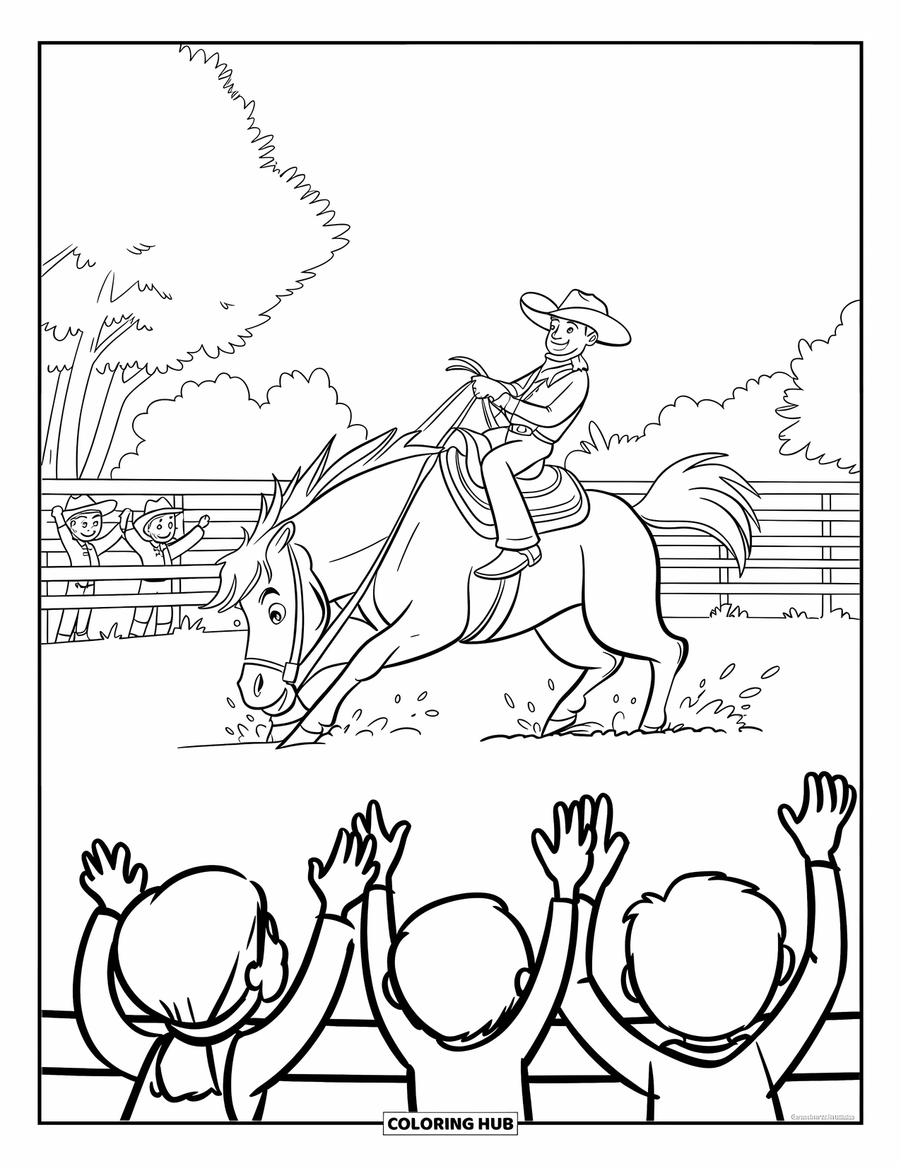 Desen de colorat Vest pentru copii: Un călăreț se ține strâns de un bronco sălbatic, în timp ce copiii aplaudă în jurul ringului