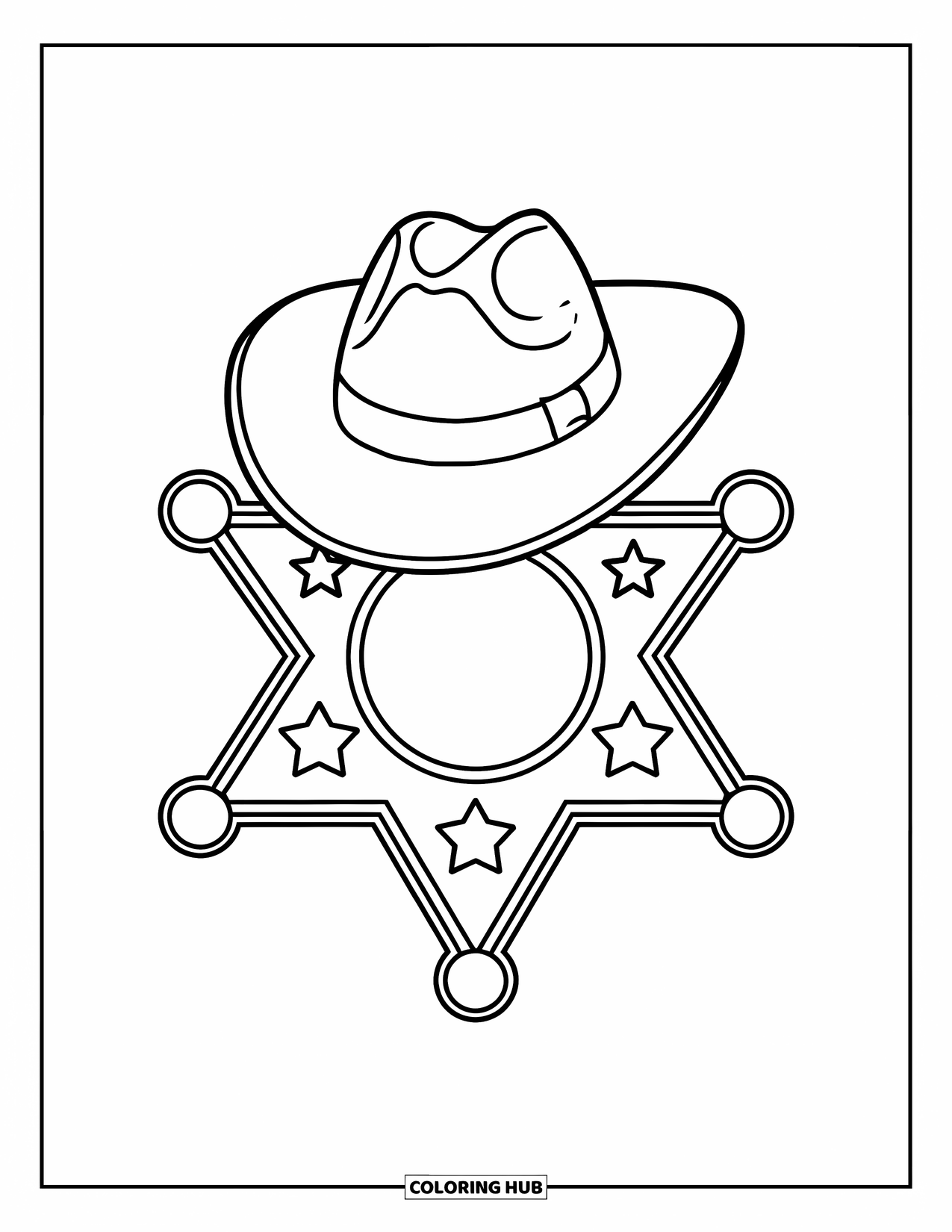Desen de colorat Vest pentru copii: O insignă de șerif cu stele și o pălărie mică se află pe un fundal alb