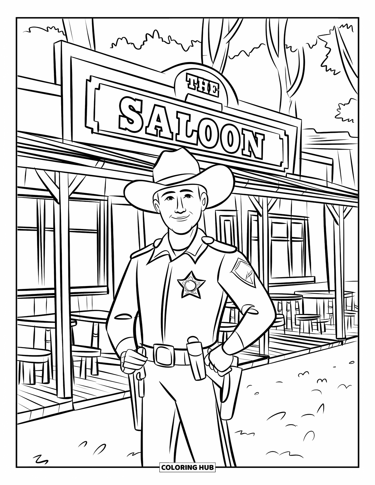 Desen de colorat Vest pentru copii: Un șerif cu o insignă stă mândru în fața unui salon vestic