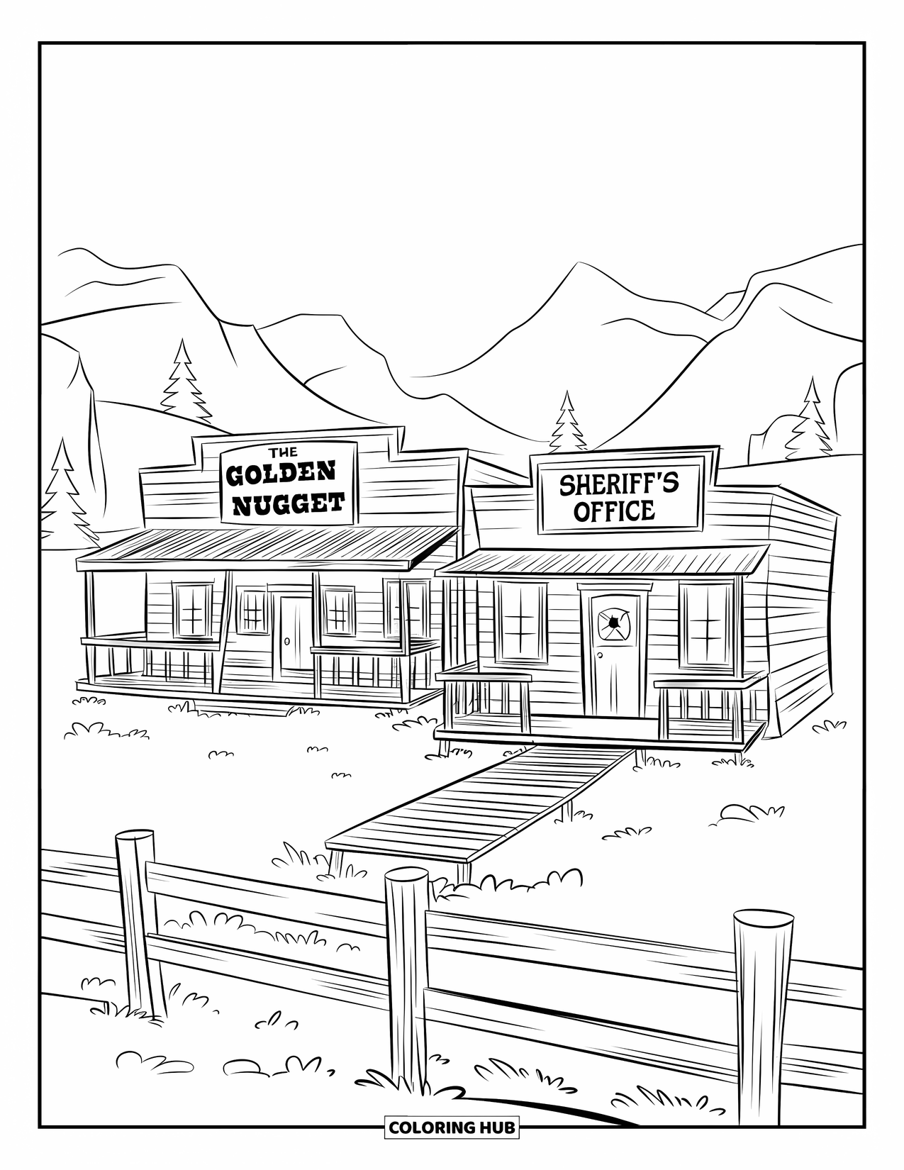 Desen de colorat Vest pentru copii: Un oraș simplu cu un salon și un birou de șerif se află lângă copaci și munți