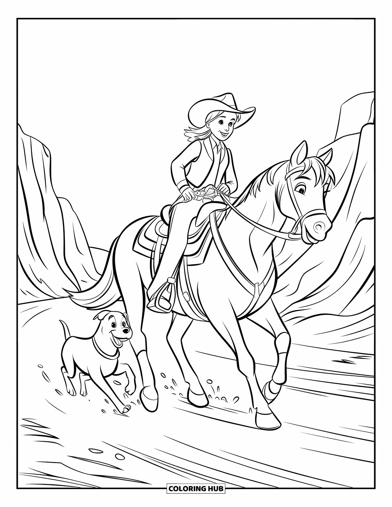 Desen de colorat Vest pentru copii: O cowgirl zâmbitoare galopează pe lângă stânci stâncoase, în timp ce câinele ei aleargă alături