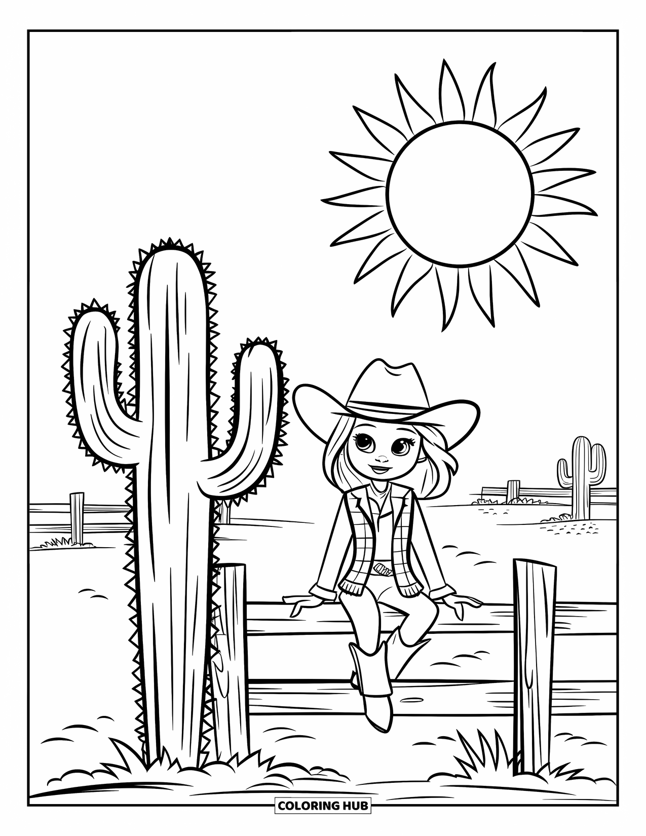 Desen de colorat Vest pentru copii: O cowgirl zâmbitoare stă pe un gard lângă un cactus sub soarele fierbinte al deșertului