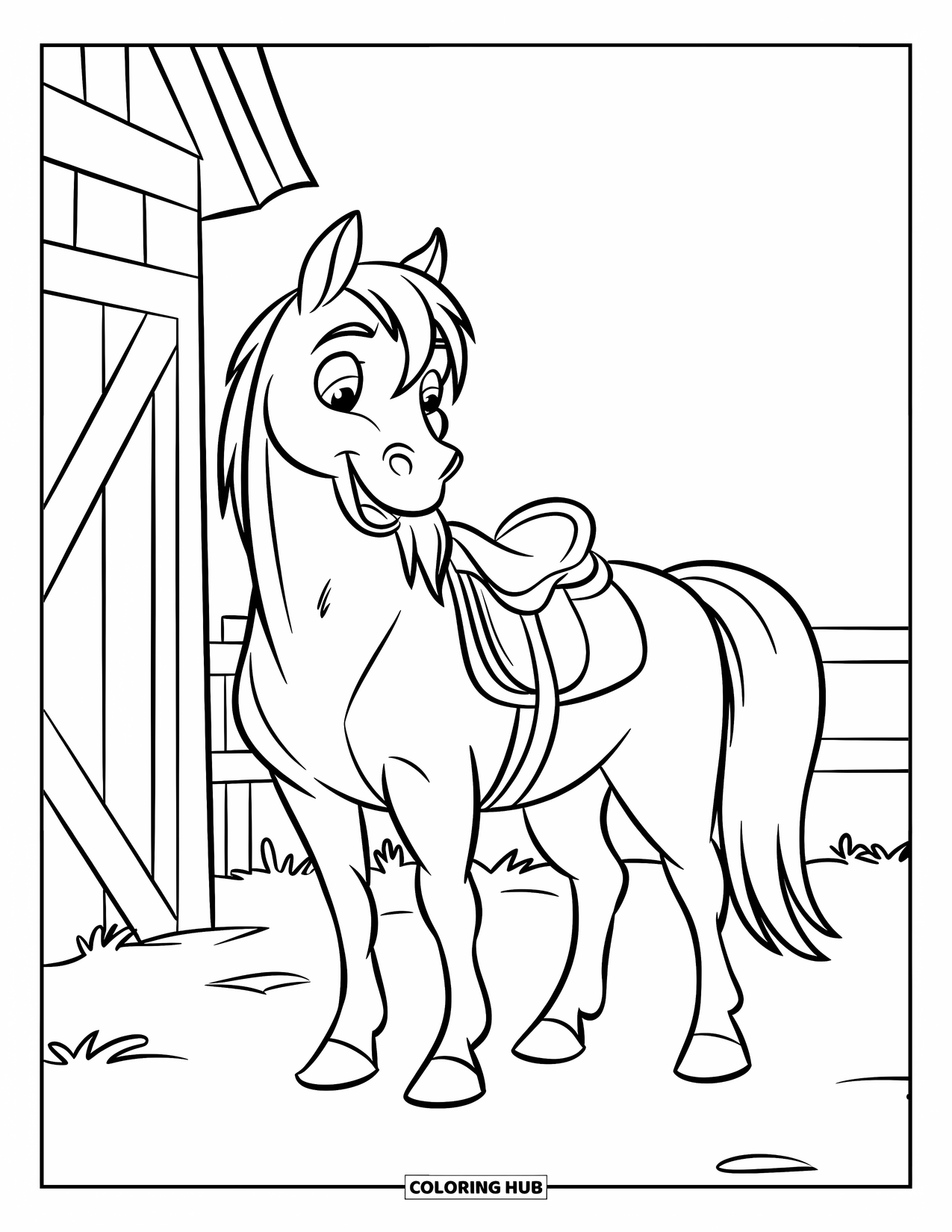 Desen de colorat Vest pentru copii: Un cal zâmbitor stă lângă un hambar și un gard, gata pentru o zi însorită
