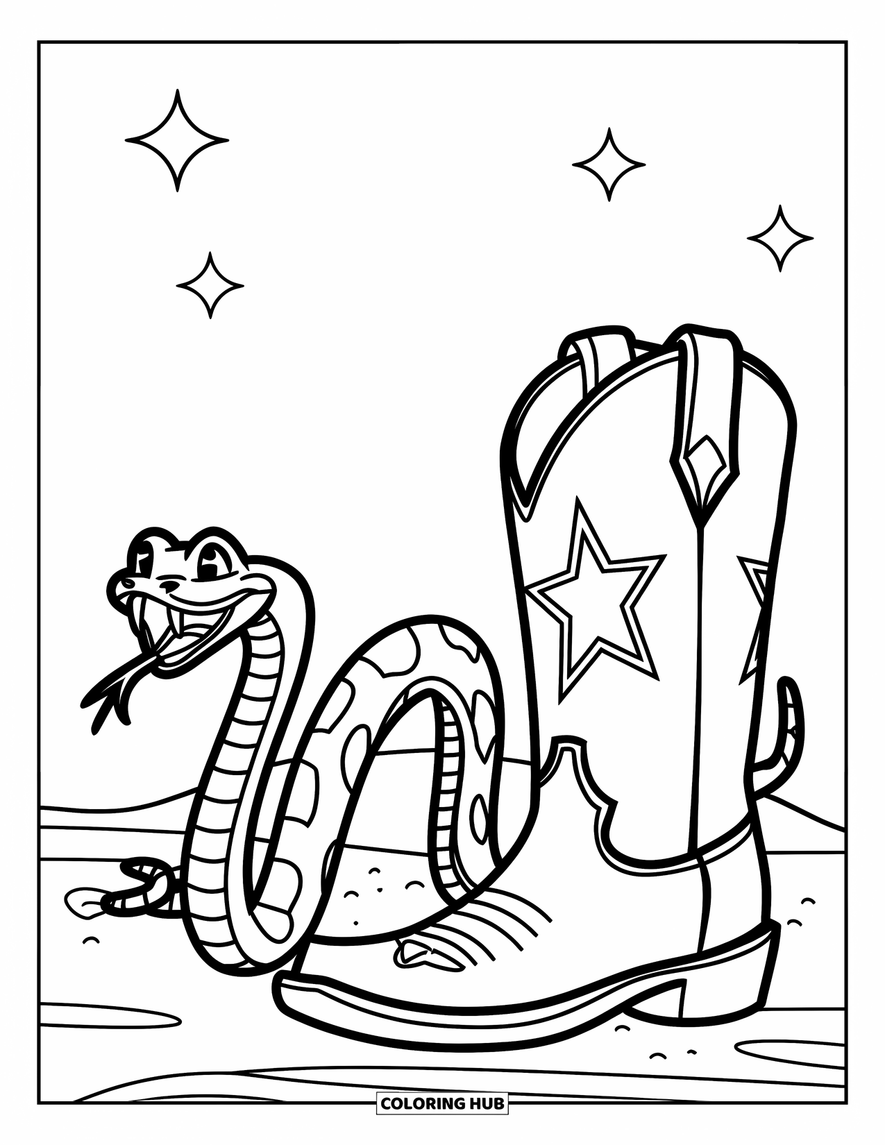 Desen de colorat Vest pentru copii: Un șarpe se târăște pe lângă o cizmă de cowboy sub un cer liniștit și înstelat al deșertului