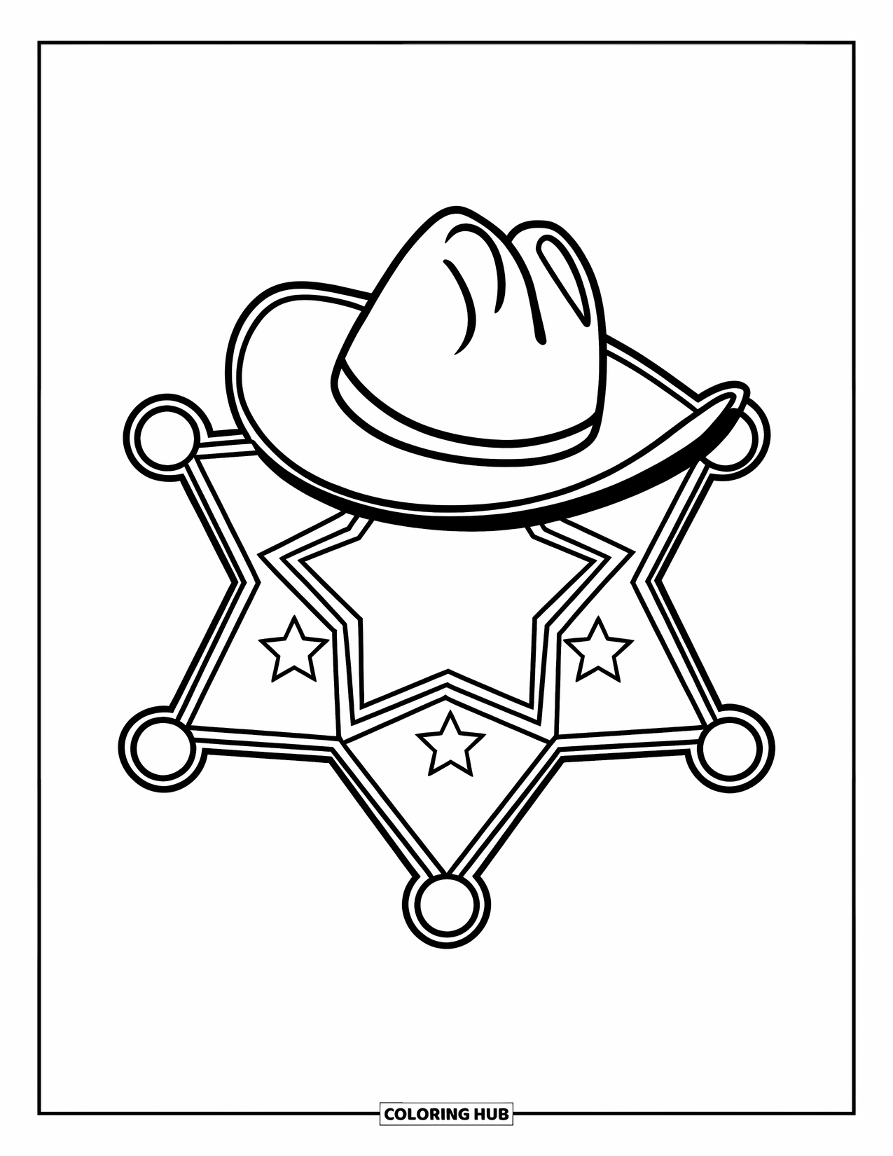 Desen de colorat Vest pentru copii: O insignă de stea cu o pălărie vestică mică iese în evidență pe o pagină albă