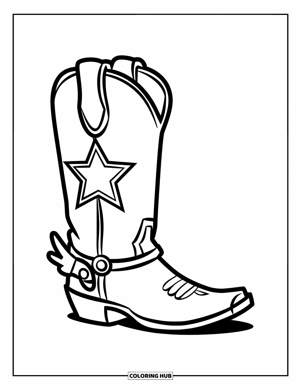 Desen de colorat Vest pentru copii: Un cizmă marcată cu o stea și un pinten este desenată în linii îndrăznețe și curate