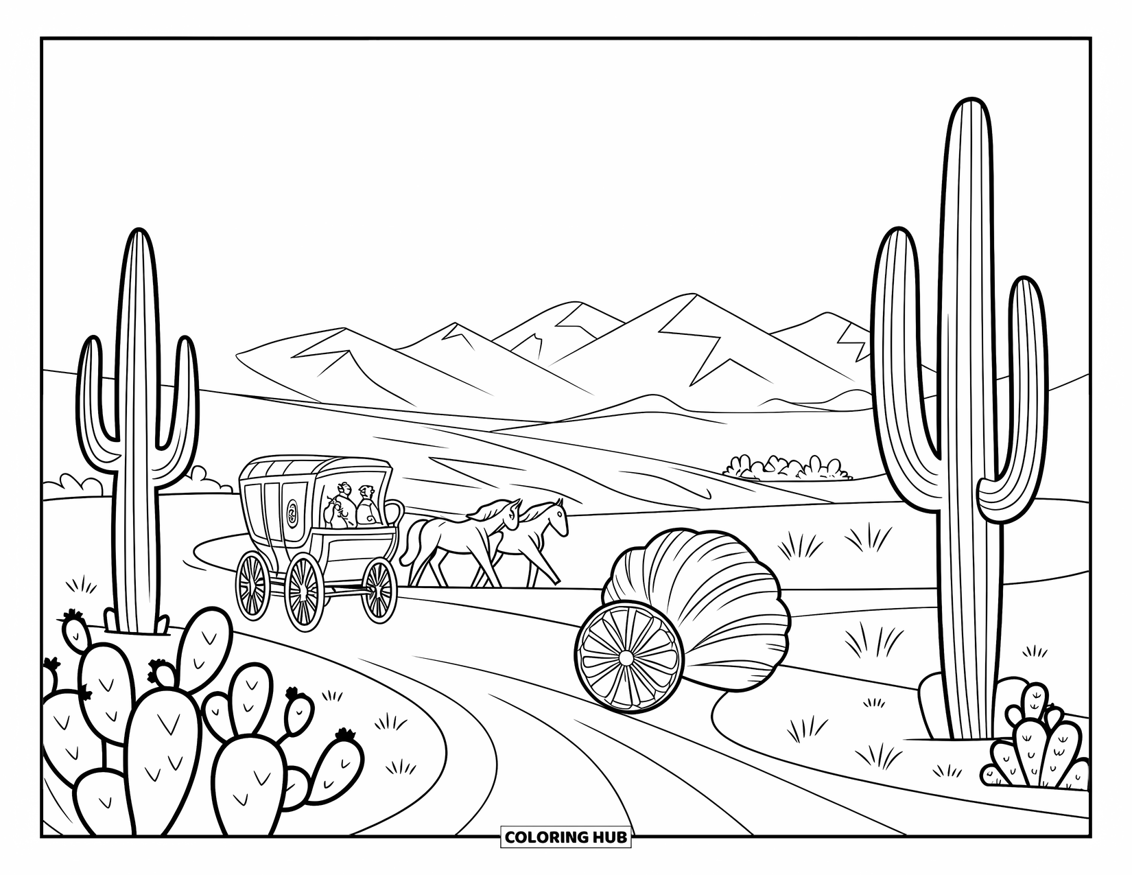 Desen de colorat Vest pentru copii: O potecă mărginită de cactuși duce la o diligență și o buruiană uscată