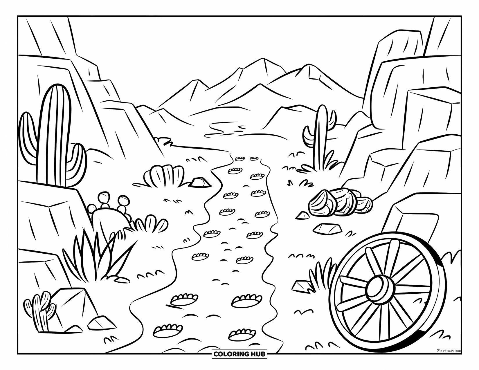 Desen de colorat Vest pentru copii: O potecă cu urme și cactuși duce la munți deșertici îndepărtați