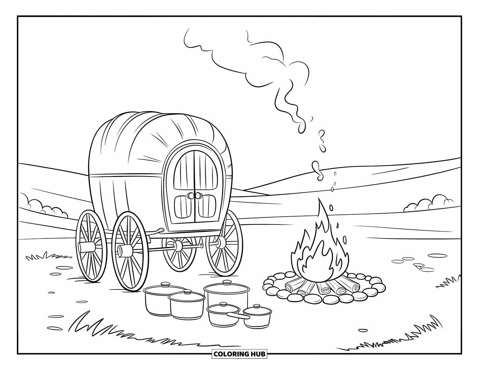 Desen de colorat Vest pentru copii: Un foc cald trosnește lângă o căruță de provizii într-un câmp deschis cu iarbă