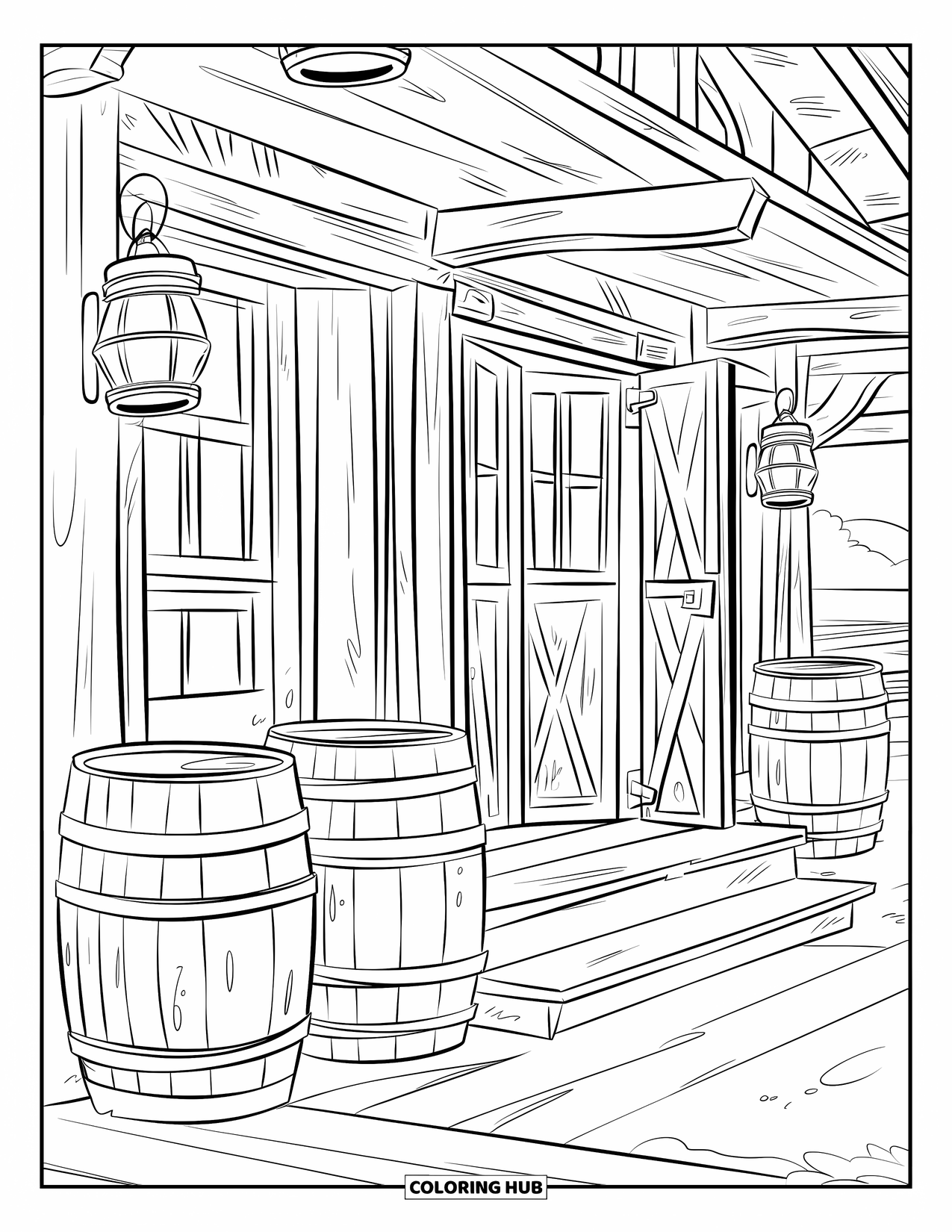 Desen de colorat Vest pentru copii: Un salon vechi stă în câmpie cu felinare și butoaie în apropiere