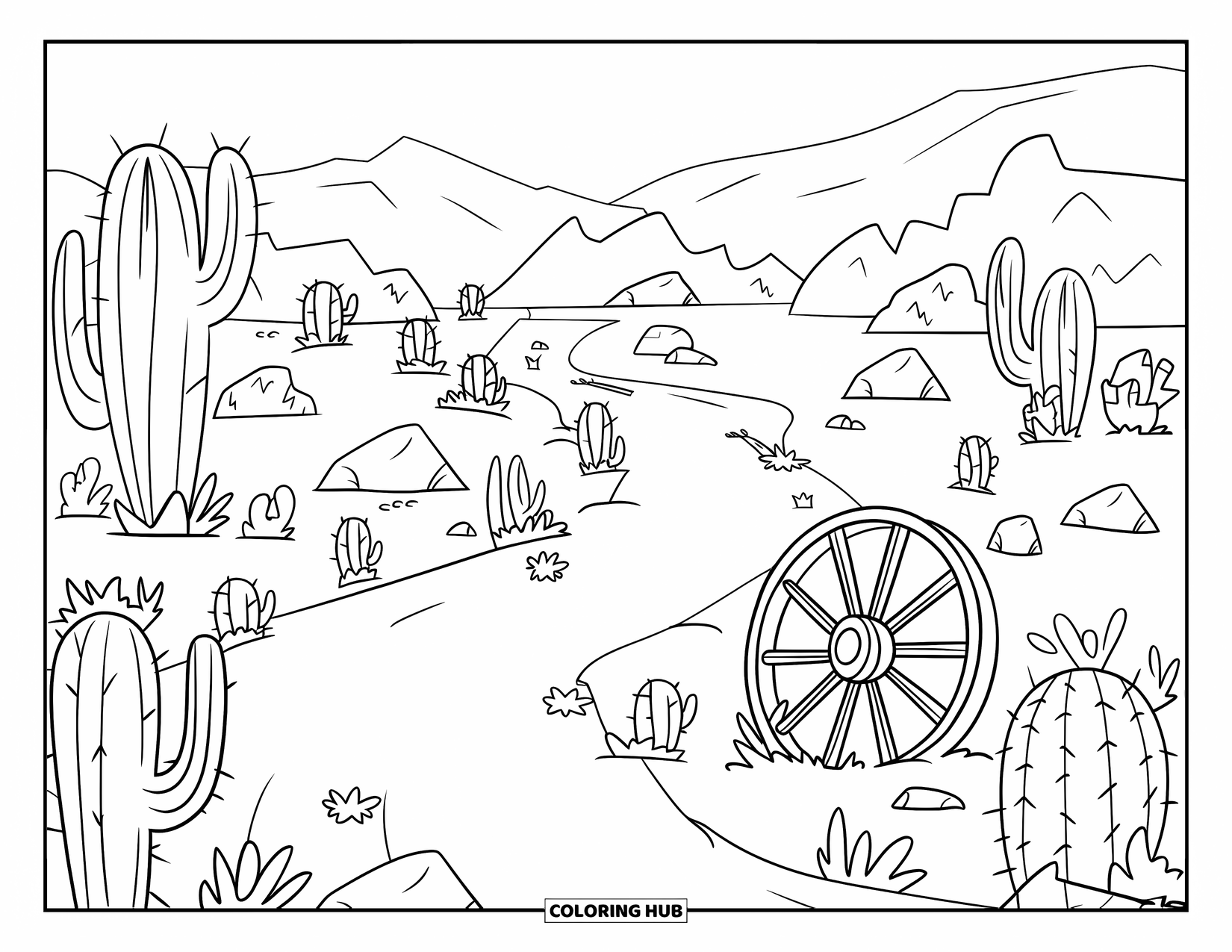 Desen de colorat Vest pentru copii: O potecă deșertică șerpuitoare trece pe lângă cactuși și o roată de căruță veche