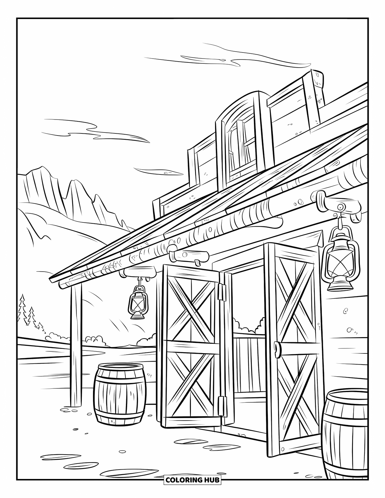 Desen de colorat Vest pentru copii: Felinare atârnă în afara unui salon vestic cu vedere la munți