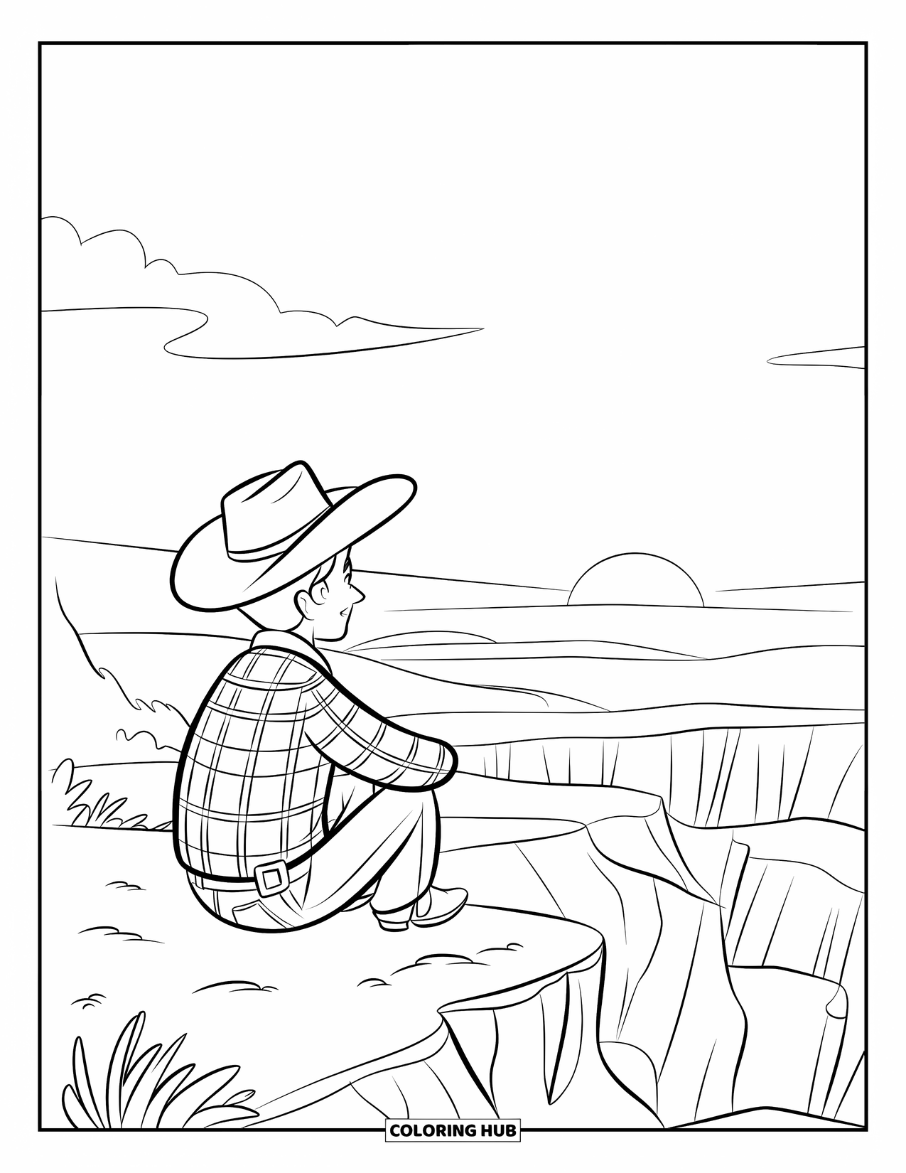 Desen de colorat Vest pentru copii: Așezat pe o stâncă, un cowboy privește dealurile strălucind la apus