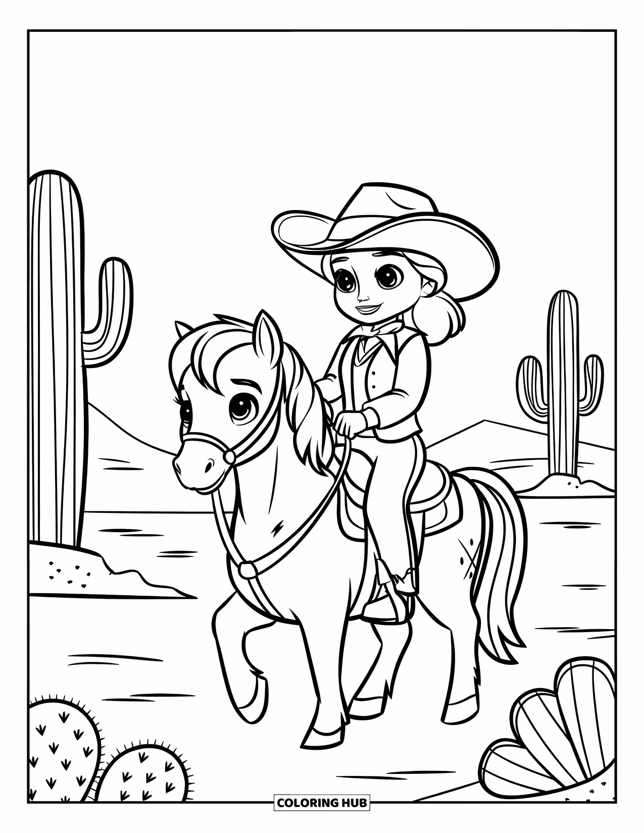 Desen de colorat Vest pentru copii: Cowgirl și poneiul ei trotează printr-o potecă deșertică plină de cactuși