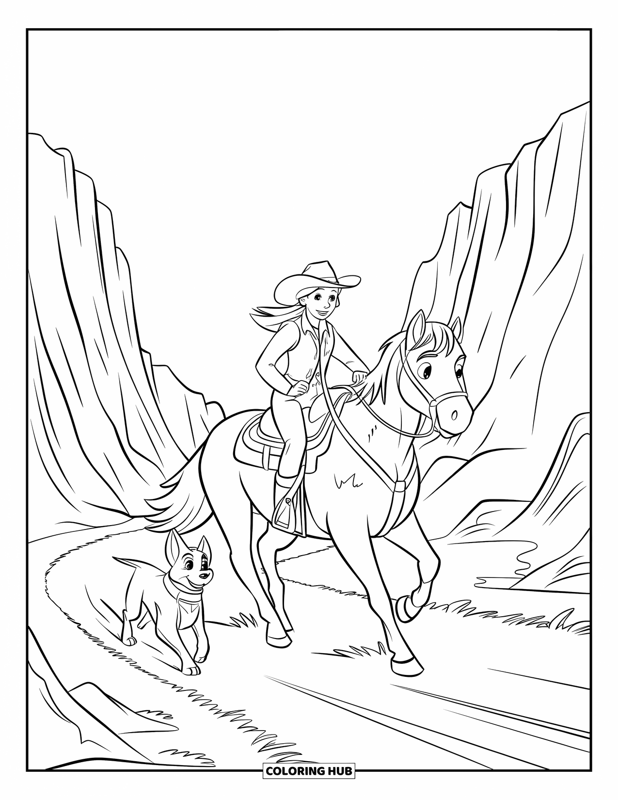 Desen de colorat Vest pentru copii: Calul cowgirl-ului aleargă prin canion, în timp ce câinele ei ține pasul