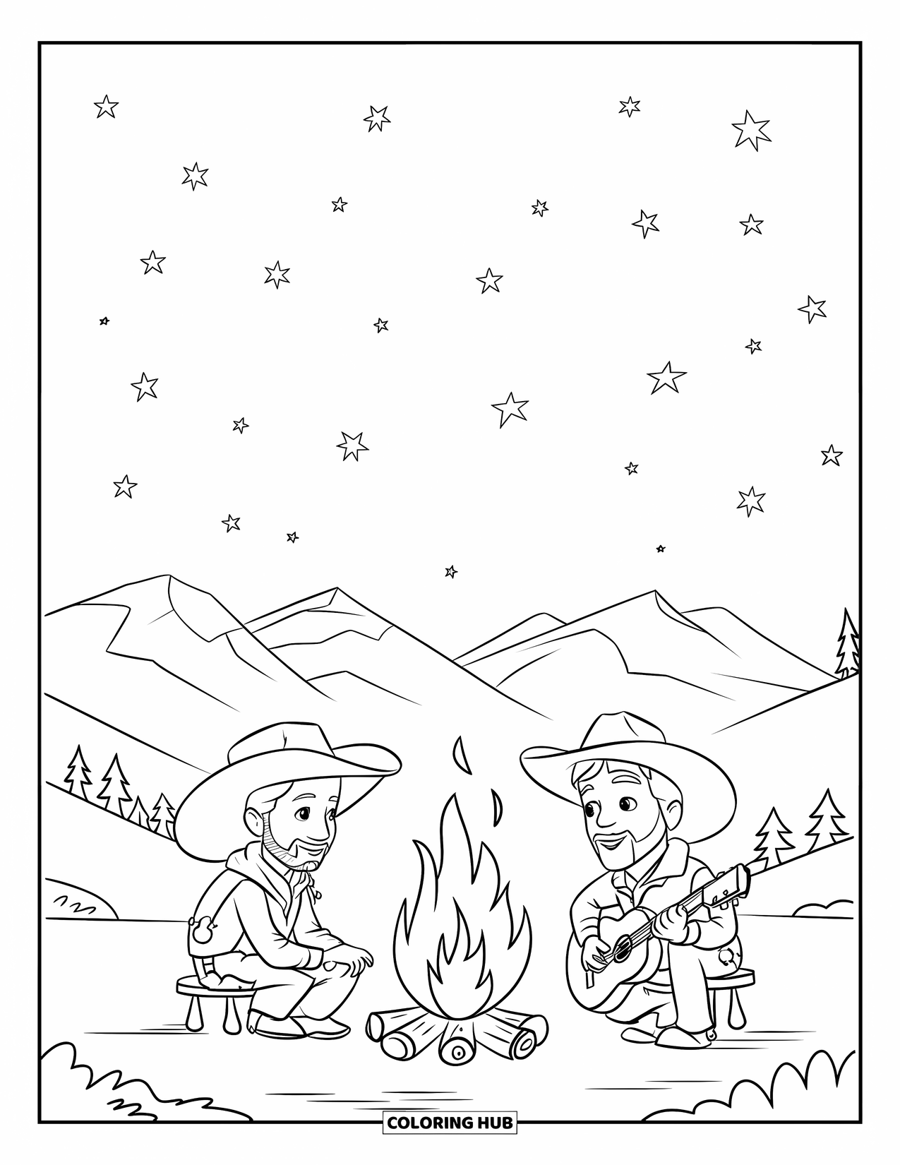 Desen de colorat Vest pentru copii: Doi cowboy stau lângă un foc de tabără strălucitor sub un cer plin de stele