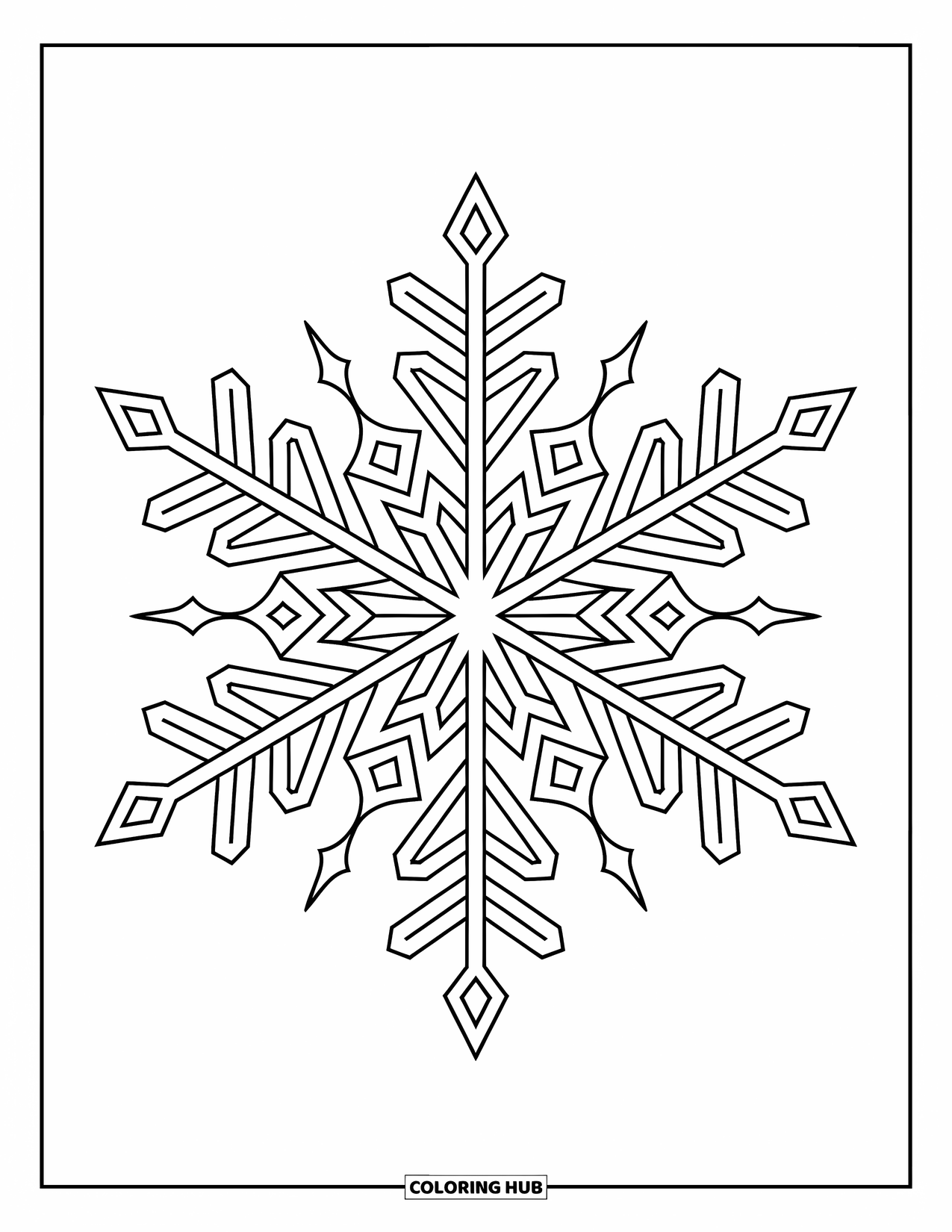 Winter Kleurplaat voor Volwassenen: Een prachtig gedetailleerde sneeuwvlok met symmetrische patronen en elegante vorstachtige ontwerpen