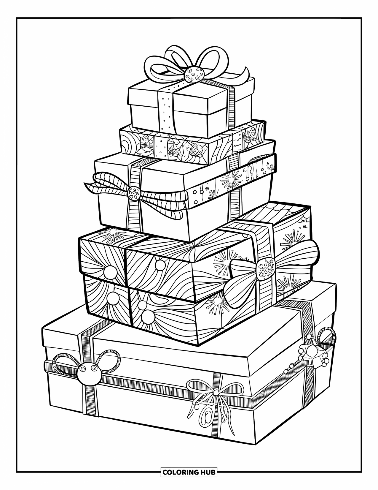 Winter Kleurplaat voor Volwassenen: Een prachtig ingepakte toren van feestelijke cadeaus met unieke linten, feestelijke versieringen en delicate patronen