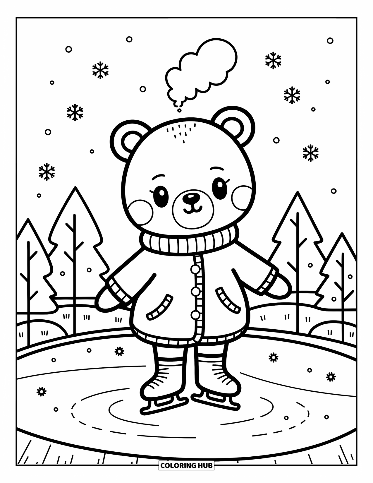 Winter Kleurplaat voor Volwassenen: Een ingepakte chibi-beer die probeert te schaatsen op een bevroren vijver, omringd door vallende sneeuwvlokken en grillige bomen