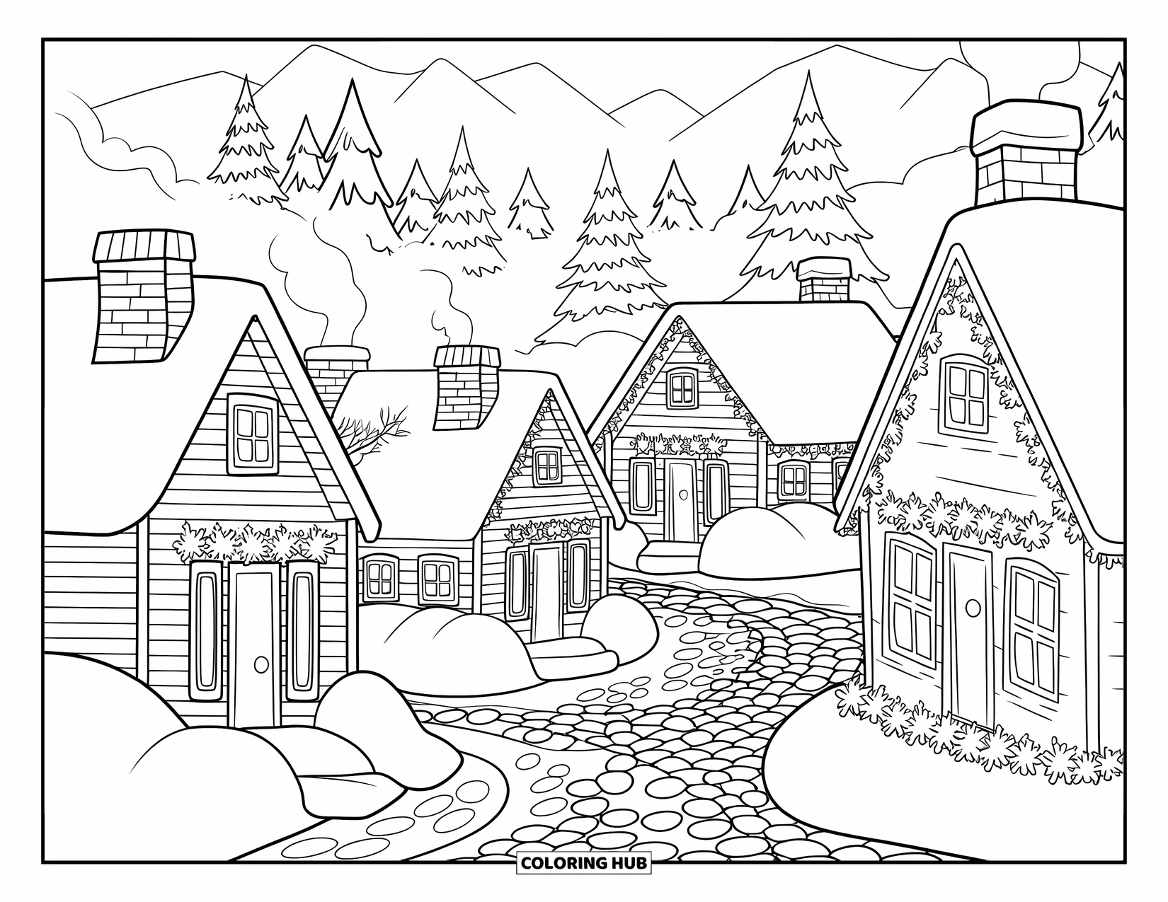 Winter Kleurplaat voor Volwassenen: Een charmant winterdorp met kleine huisjes, geplaveide straten en zacht rokende schoorstenen onder een besneeuwde hemel