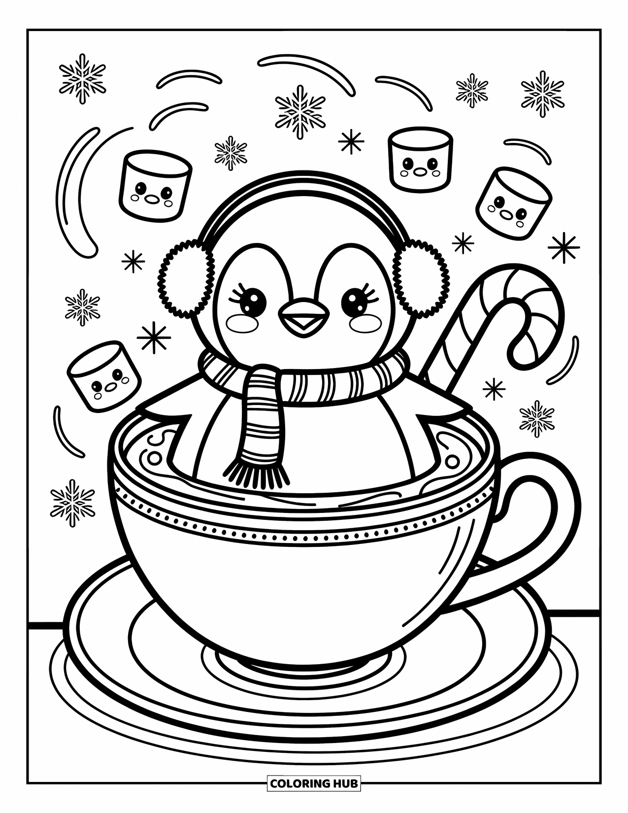 Winter Kleurplaat voor Volwassenen: Een chibi-beer in een winterjas en sjaal, die voorzichtig op een vijver schaatst, met voetstappen en wervelende ademlijnen die charme toevoegen