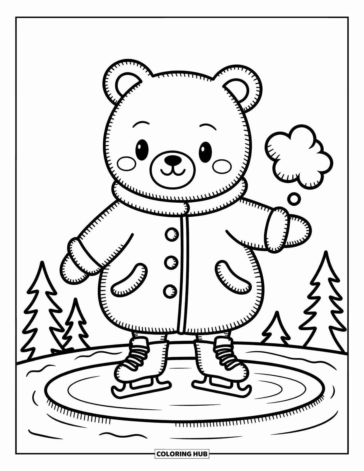 Winter Kleurplaat voor Volwassenen: Een chibi-beer in een oversized jas wankelt op een ijzige vijver en probeert te schaatsen met een klein wolkje adem dat in de lucht zweeft