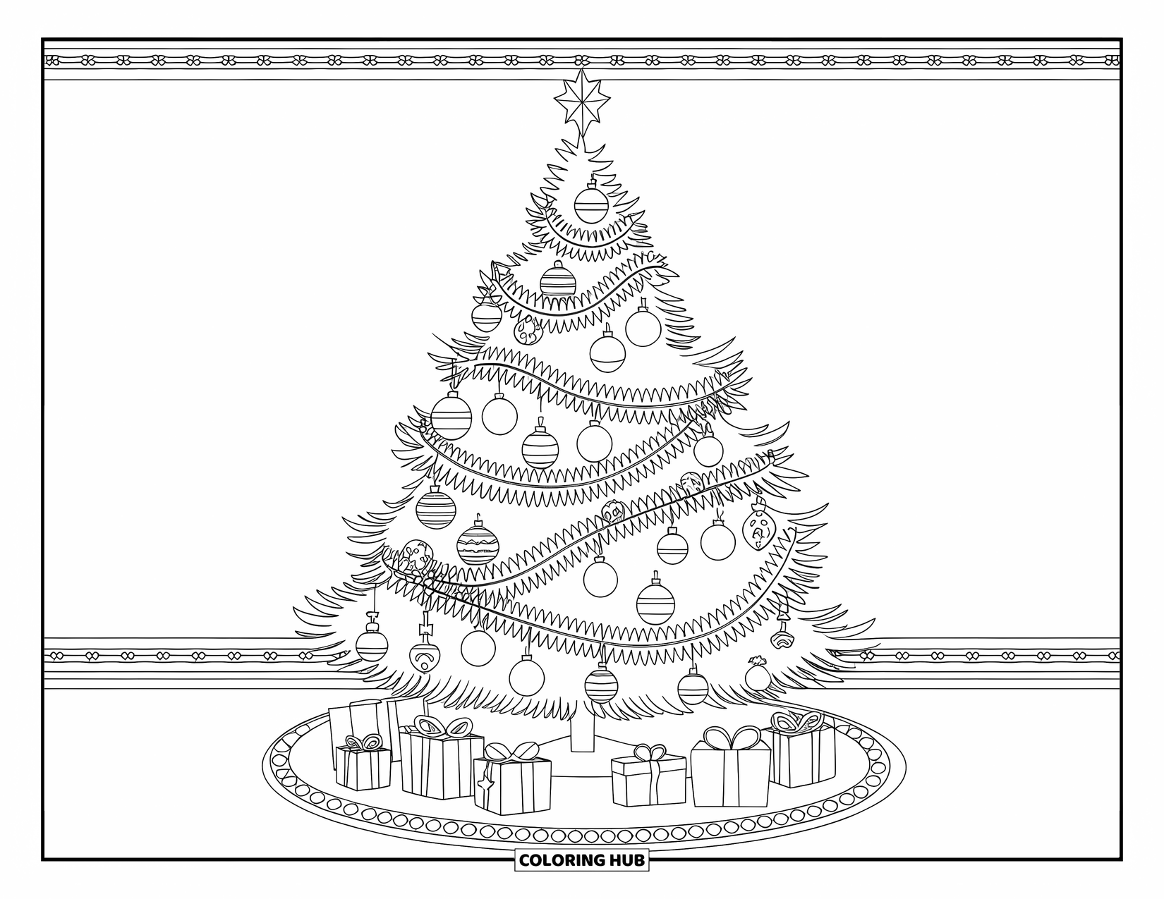 Winter Kleurplaat voor Volwassenen: Een kerstboom versierd met ornamenten en slingers, staand in een gezellige kamer met een vloerkleed met patroon