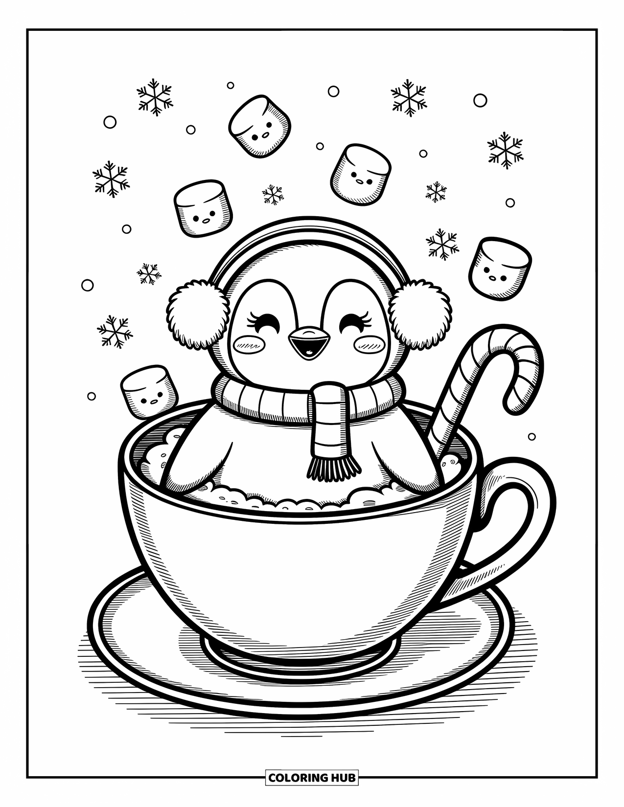 Winter Kleurplaat voor Volwassenen: Een mollige pinguïn met oorwarmers en een sjaal zit in een gigantische theekop gevuld met stomende warme chocolademelk en drijvende marshmallows