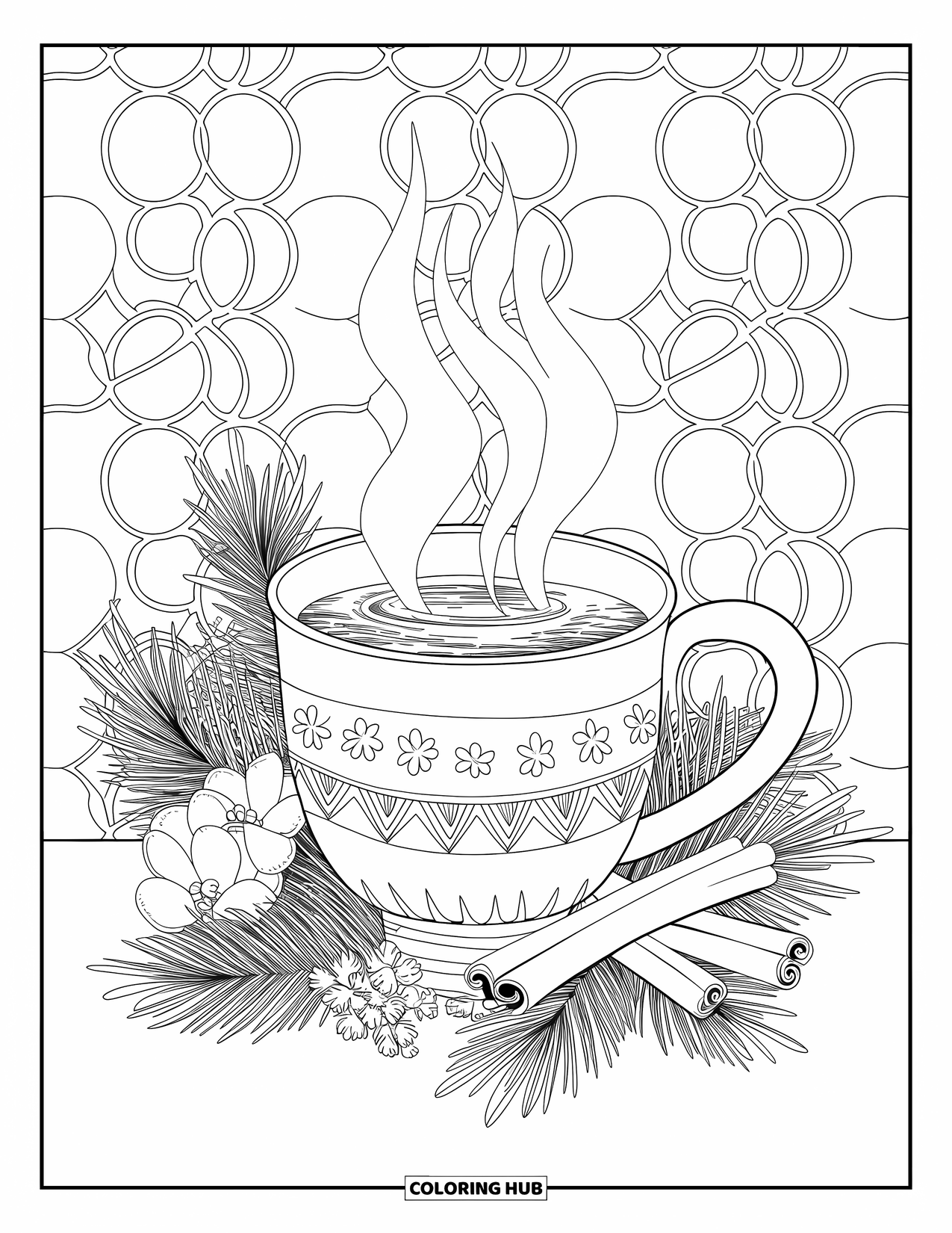 Winter Kleurplaat voor Volwassenen: Een gezellige kop kruidenthee met winterbloemen, kaneelstokjes en dennenappels op een oppervlak met textuur