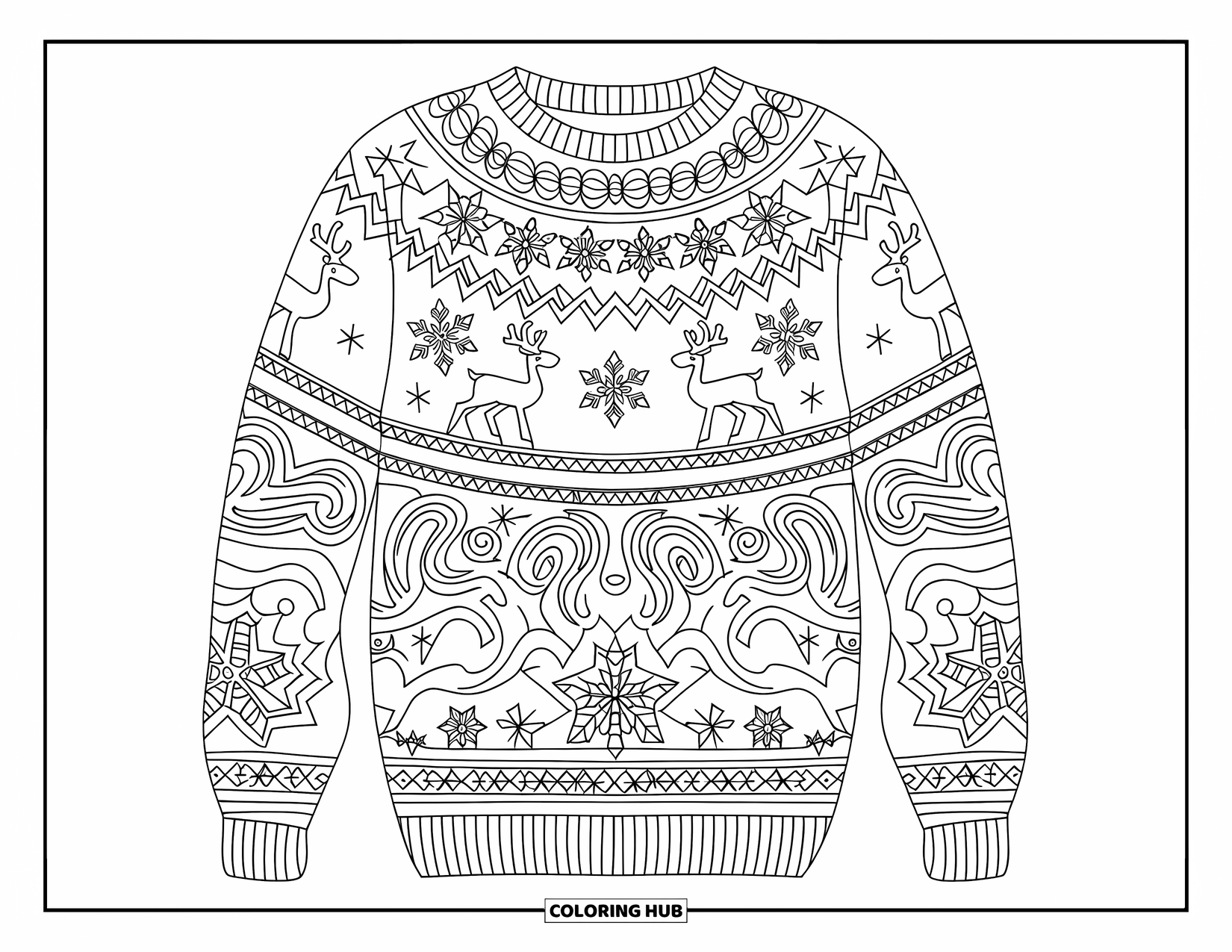 Winter Kleurplaat voor Volwassenen: Een gezellige gebreide trui met ingewikkelde patronen van sneeuwvlokken, rendieren en wervelende winterontwerpen