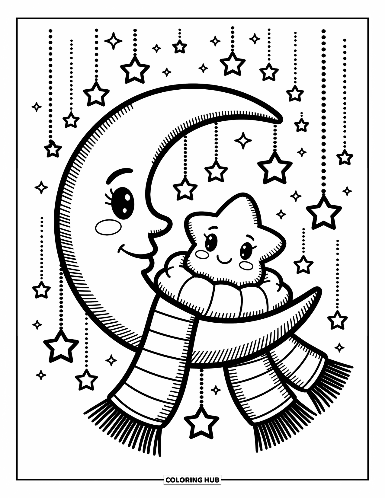 Winter Kleurplaat voor Volwassenen: Een gezellige maan met een klein sterretje erop, gewikkeld in een sjaal en omringd door hangende sterren