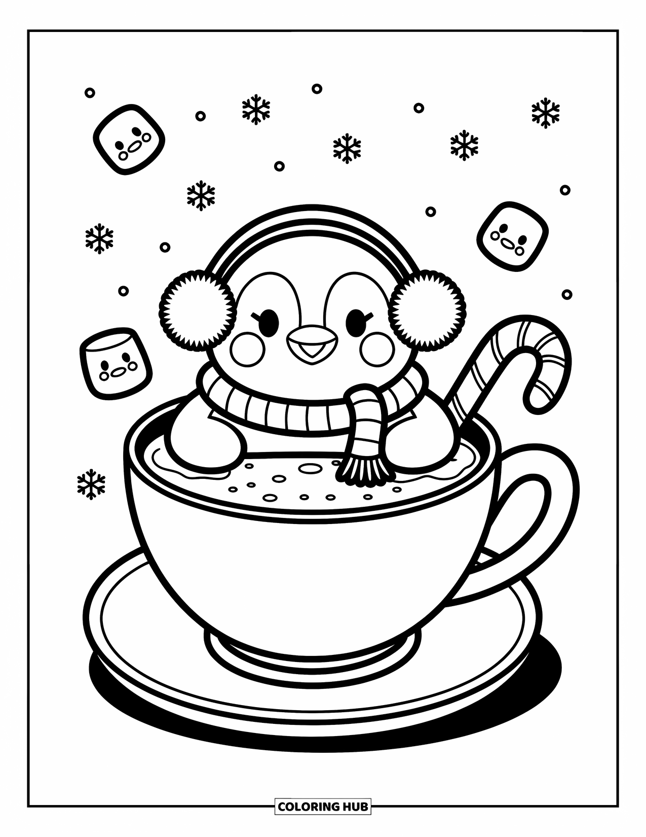Winter Kleurplaat voor Volwassenen: Een gezellige pinguïn geknuffeld in een theekop warme chocolademelk, omringd door marshmallows met expressieve gezichten en een zuurstok