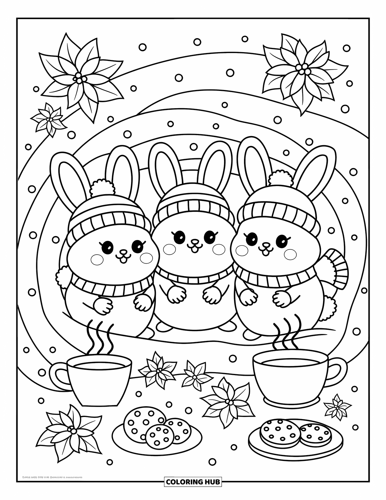 Winter Kleurplaat voor Volwassenen: Een gezellig trio sneeuwhaasjes in dekens, nippend aan thee naast kerststerbloemen en feestelijke lekkernijen