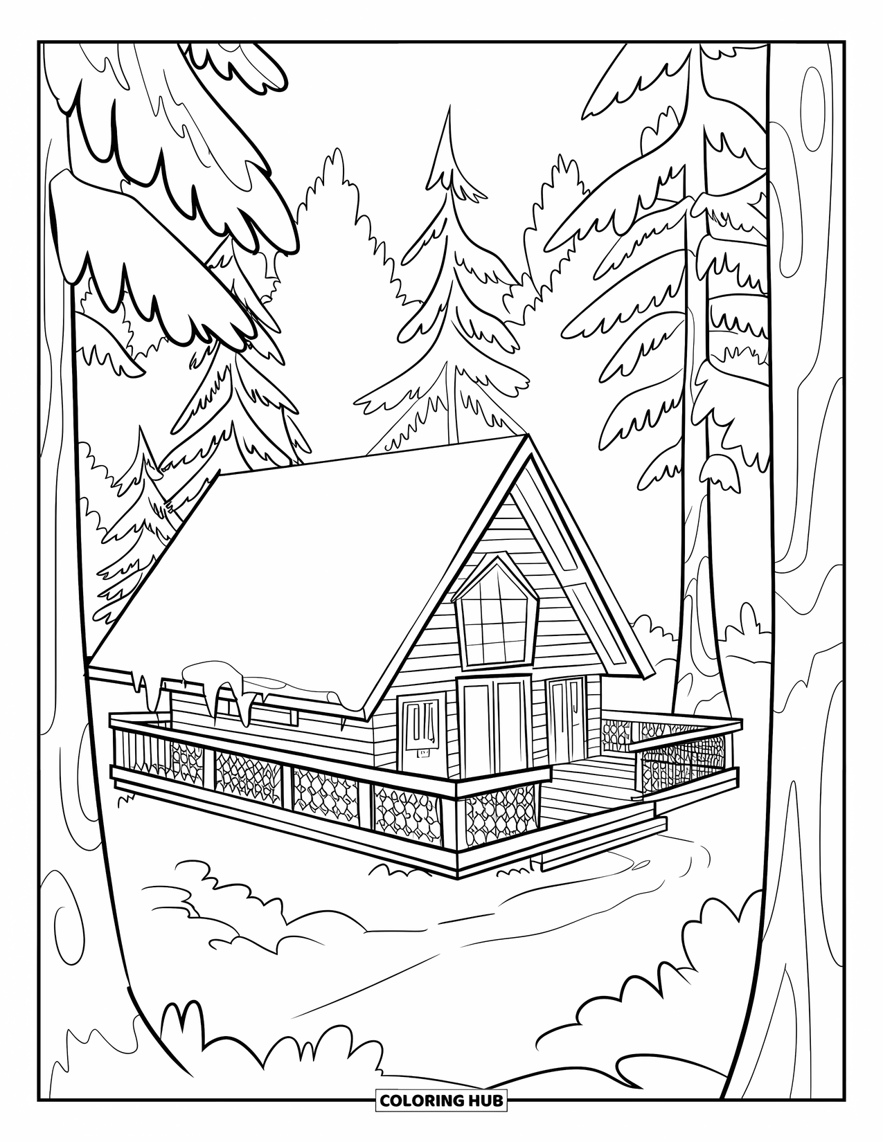Winter Kleurplaat voor Volwassenen: Een gezellig winterhuisje verscholen in het bos, omringd door torenhoge besneeuwde bomen en een kronkelend pad