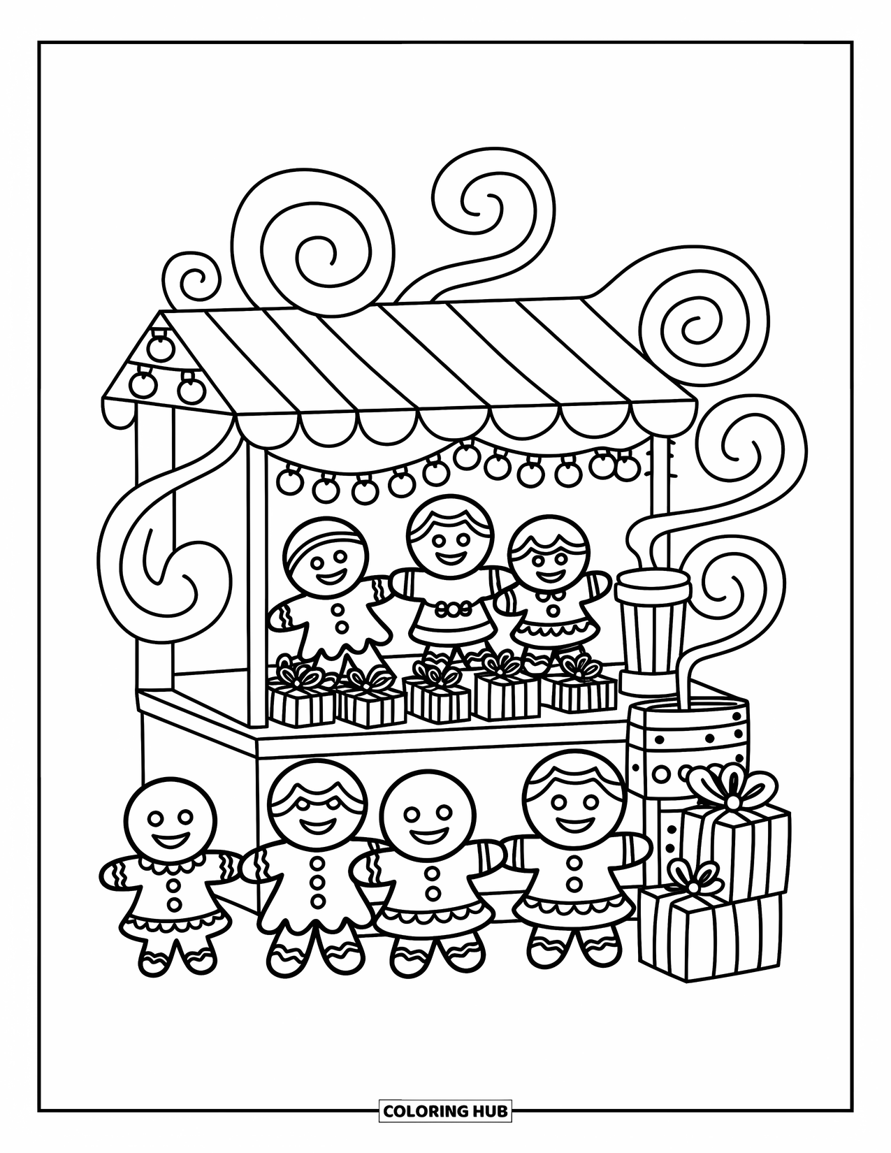 Winter Kleurplaat voor Volwassenen: Een gezellige wintermarkt waar kleine chibi-peperkoekmannetjes een feestelijke snoepkraam bezoeken