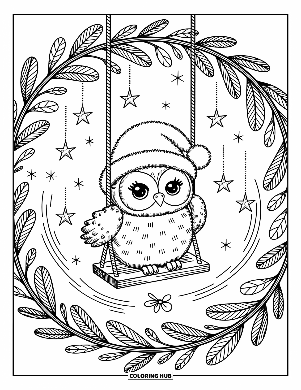 Winter Kleurplaat voor Volwassenen: Een gezellige krans met een chibi-uil op een schommel, omringd door twinkelende sterren en wervelende winterwinden