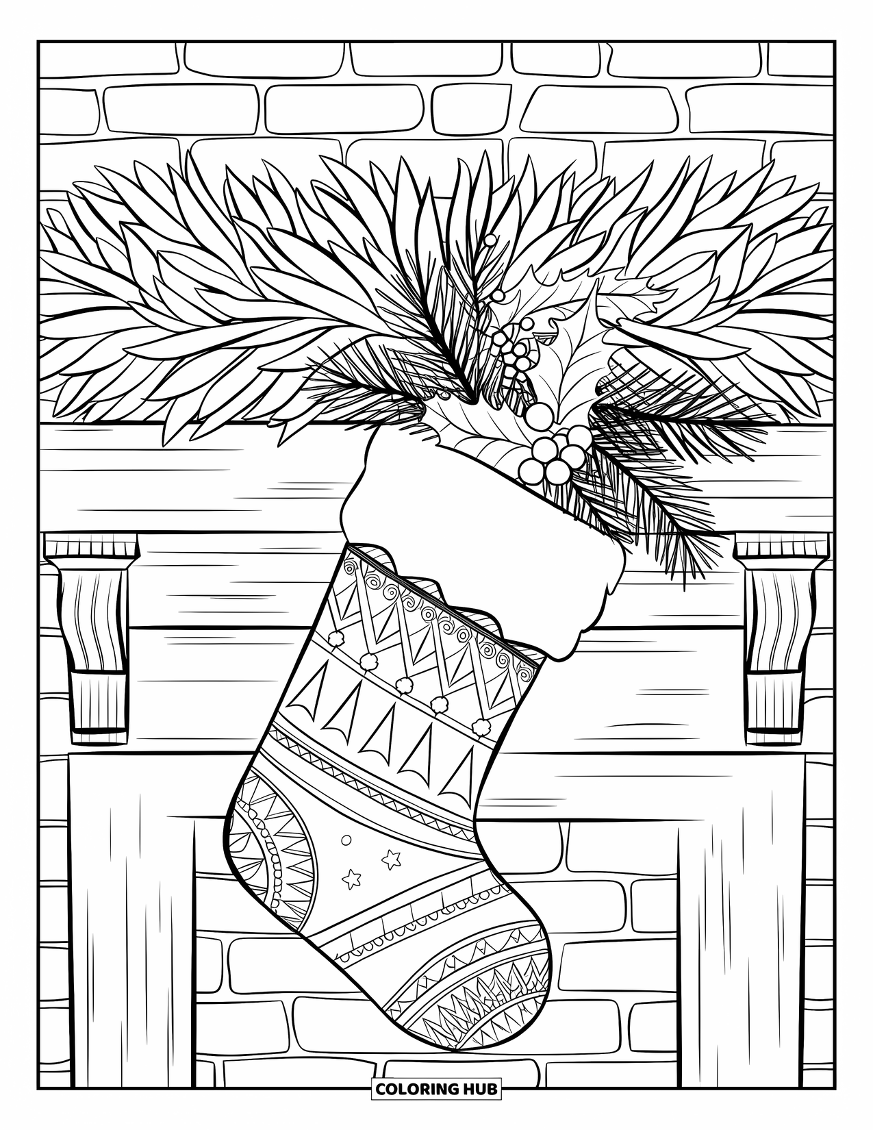 Winter Kleurplaat voor Volwassenen: Een gedetailleerde kerstsok gevuld met feestelijke versieringen, hangend aan een schouw met een krans erboven