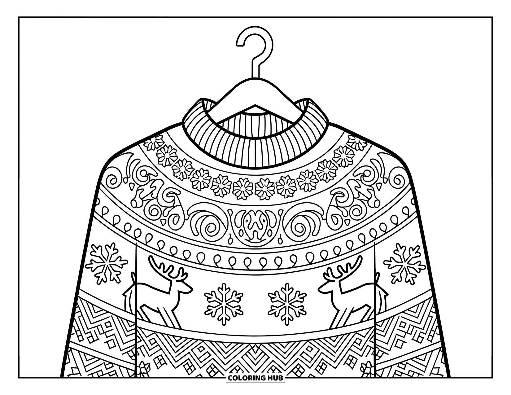 Winter Kleurplaat voor Volwassenen: Een gedetailleerde gebreide trui met sneeuwvlokken, rendieren en wervelende patronen gedrapeerd over een houten hanger