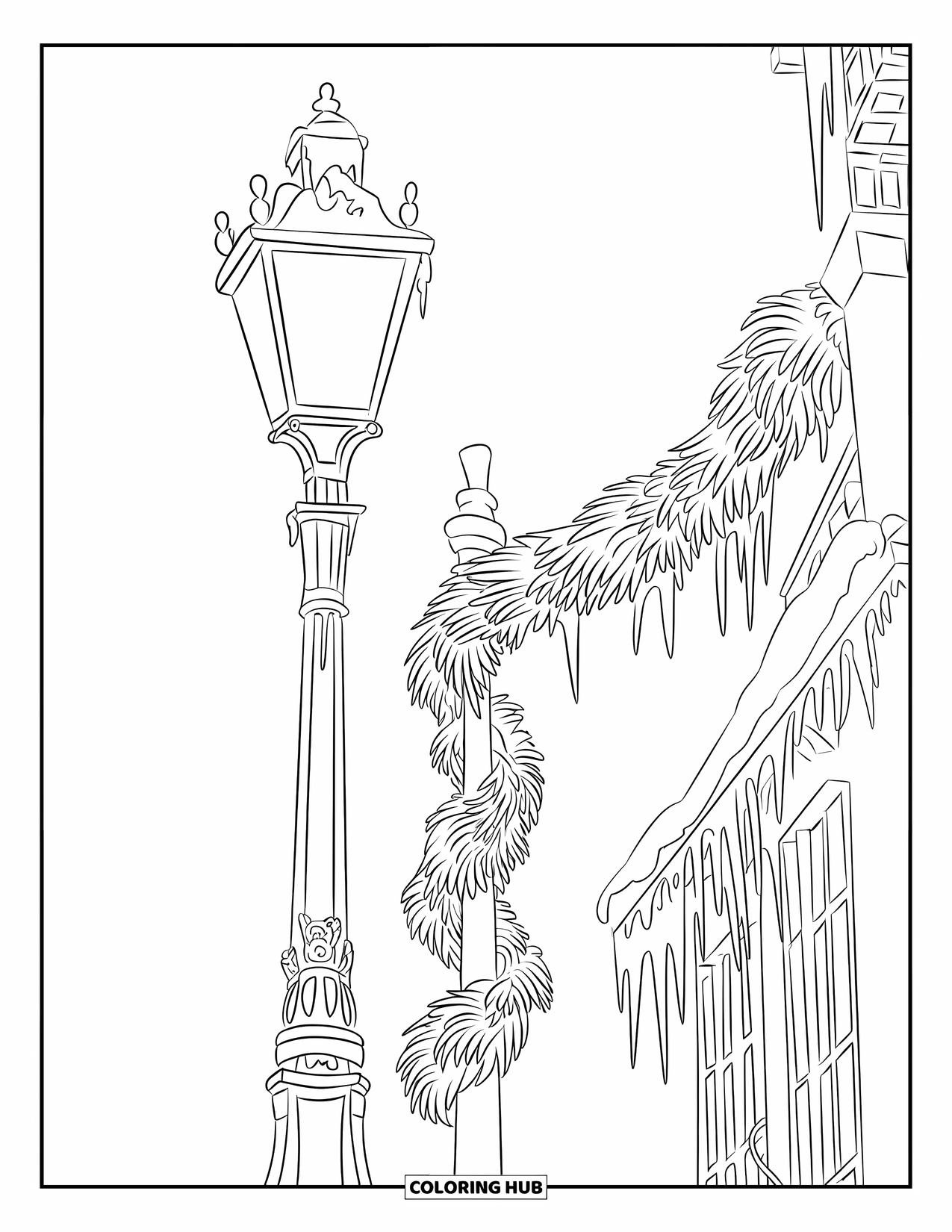 Winter Kleurplaat voor Volwassenen: Een gedetailleerde Victoriaanse lantaarnpaal met winterse slingers en ijspegels, staand in een vredig besneeuwd steegje