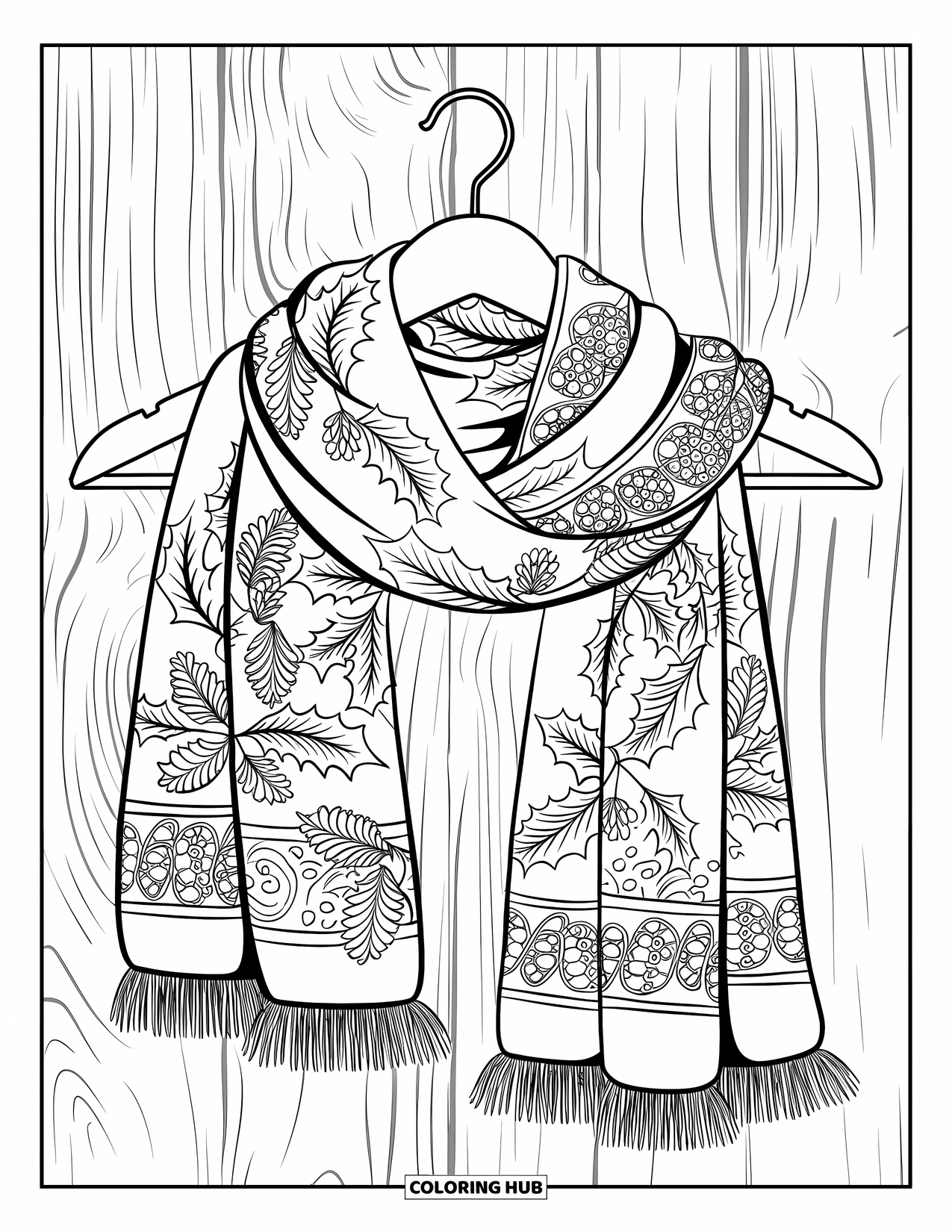 Winter Kleurplaat voor Volwassenen: Een gedetailleerde wintersjaal met hulstbladeren en dennenappels, gedrapeerd over een houten hanger tegen een houten muur