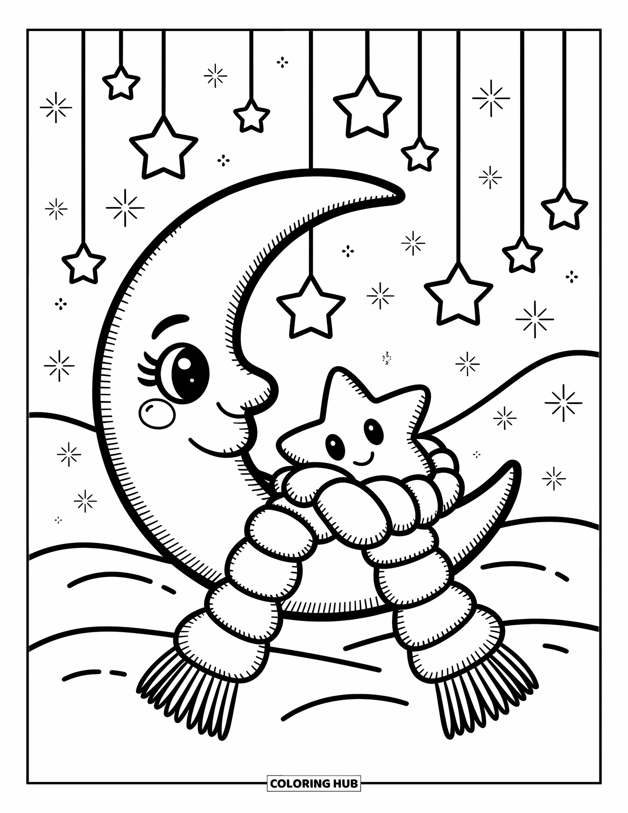 Winter Kleurplaat voor Volwassenen: Een dromerige wintermaan gewikkeld in een zachte sjaal, die een kleine chibi-ster vasthoudt met zwevende glitters