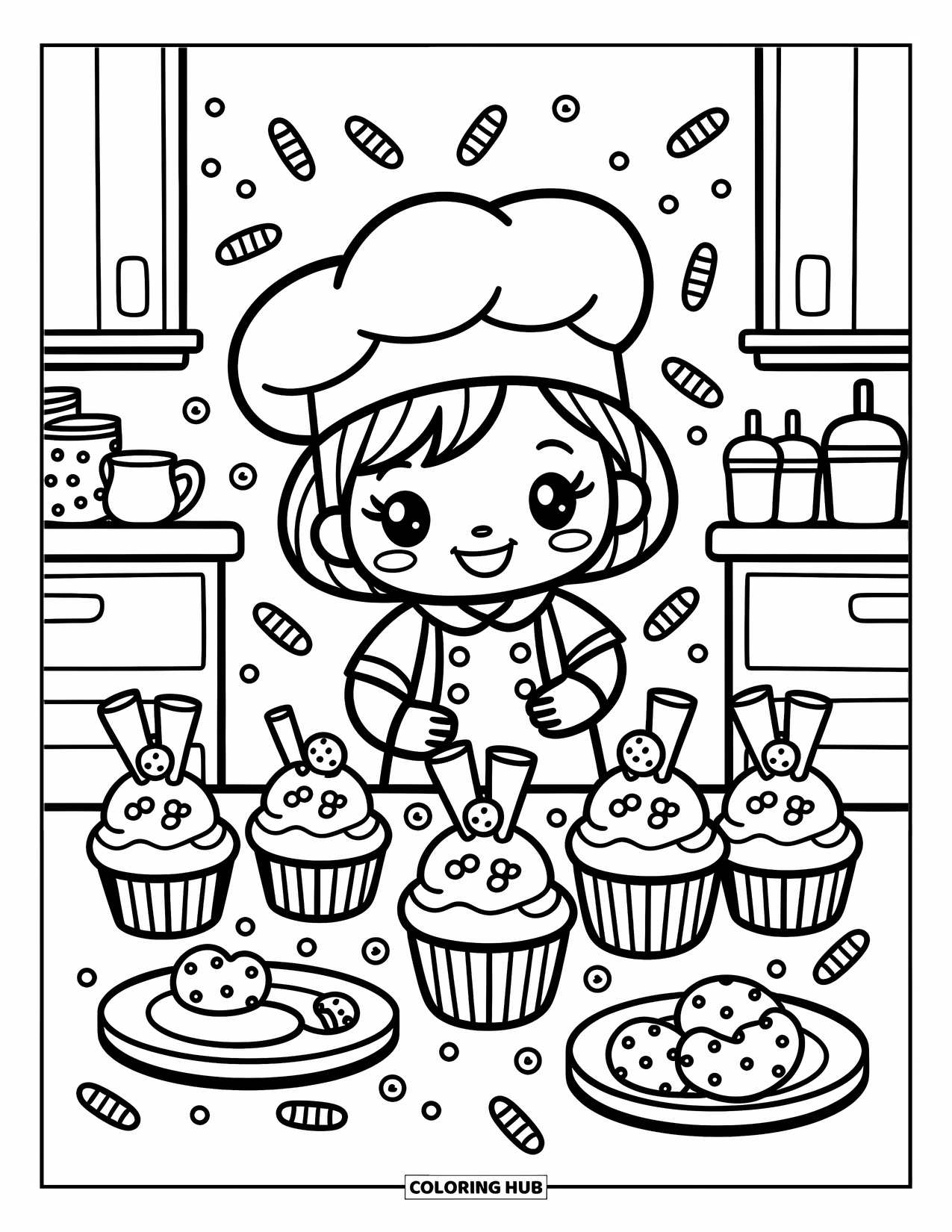 Winter Kleurplaat voor Volwassenen: Een feestelijke chibi-kok versiert cupcakes met glazuur, omringd door speelse spikkels en snoepjes