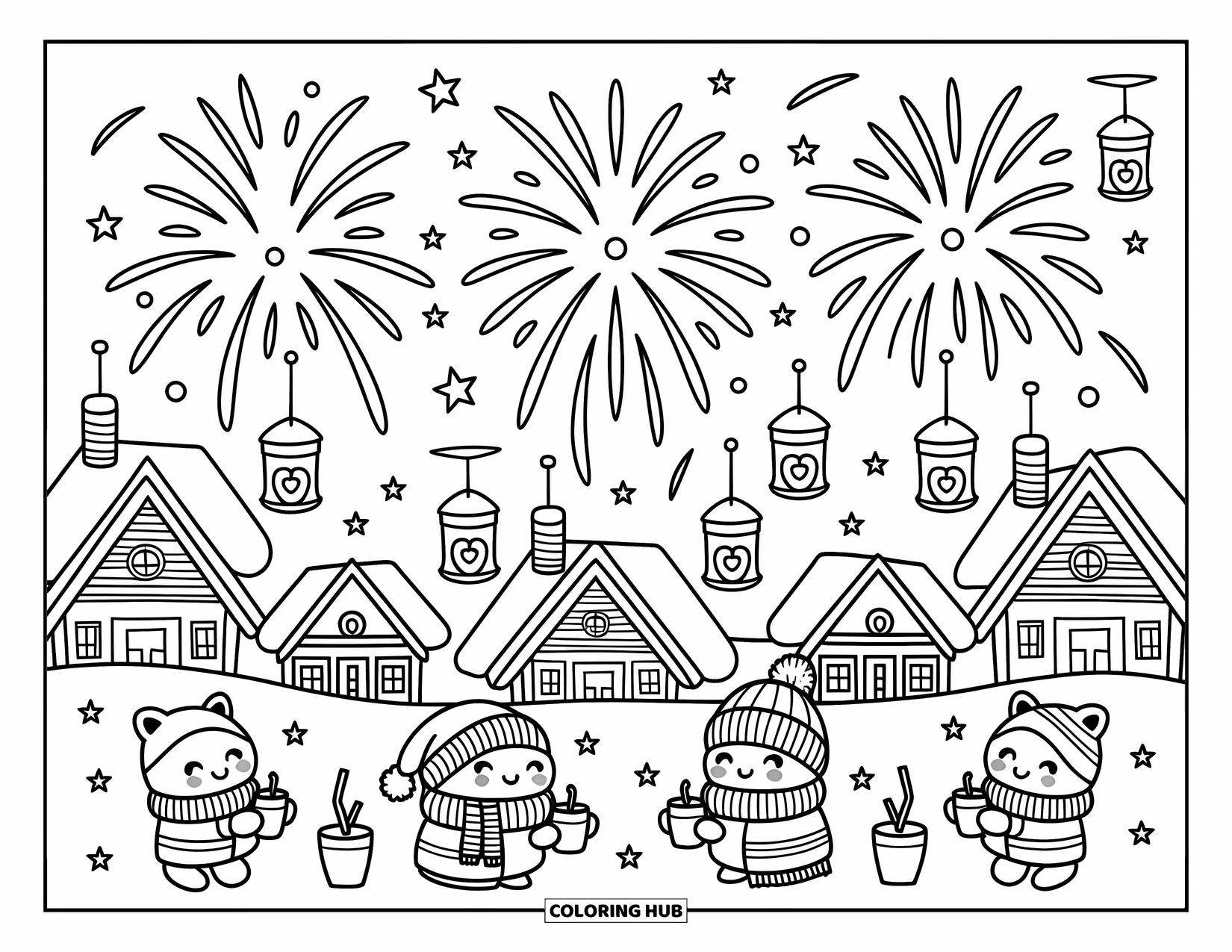 Winter Kleurplaat voor Volwassenen: Een feestelijk vuurwerk in chibi-stijl verlicht de hemel terwijl kleine wezens warme drankjes drinken